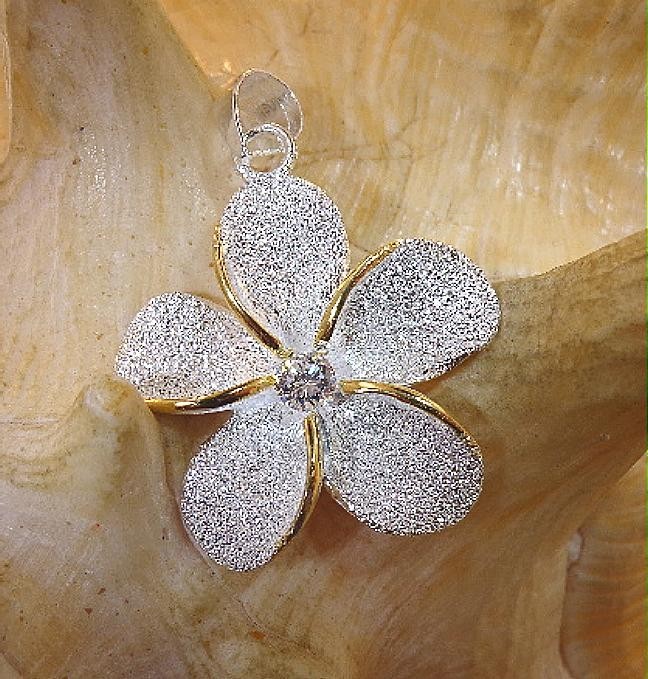 26mm Yellow Gold Plated 925 STER Silver Sparkly DC Hawaiian Plumeria CZ Pendant