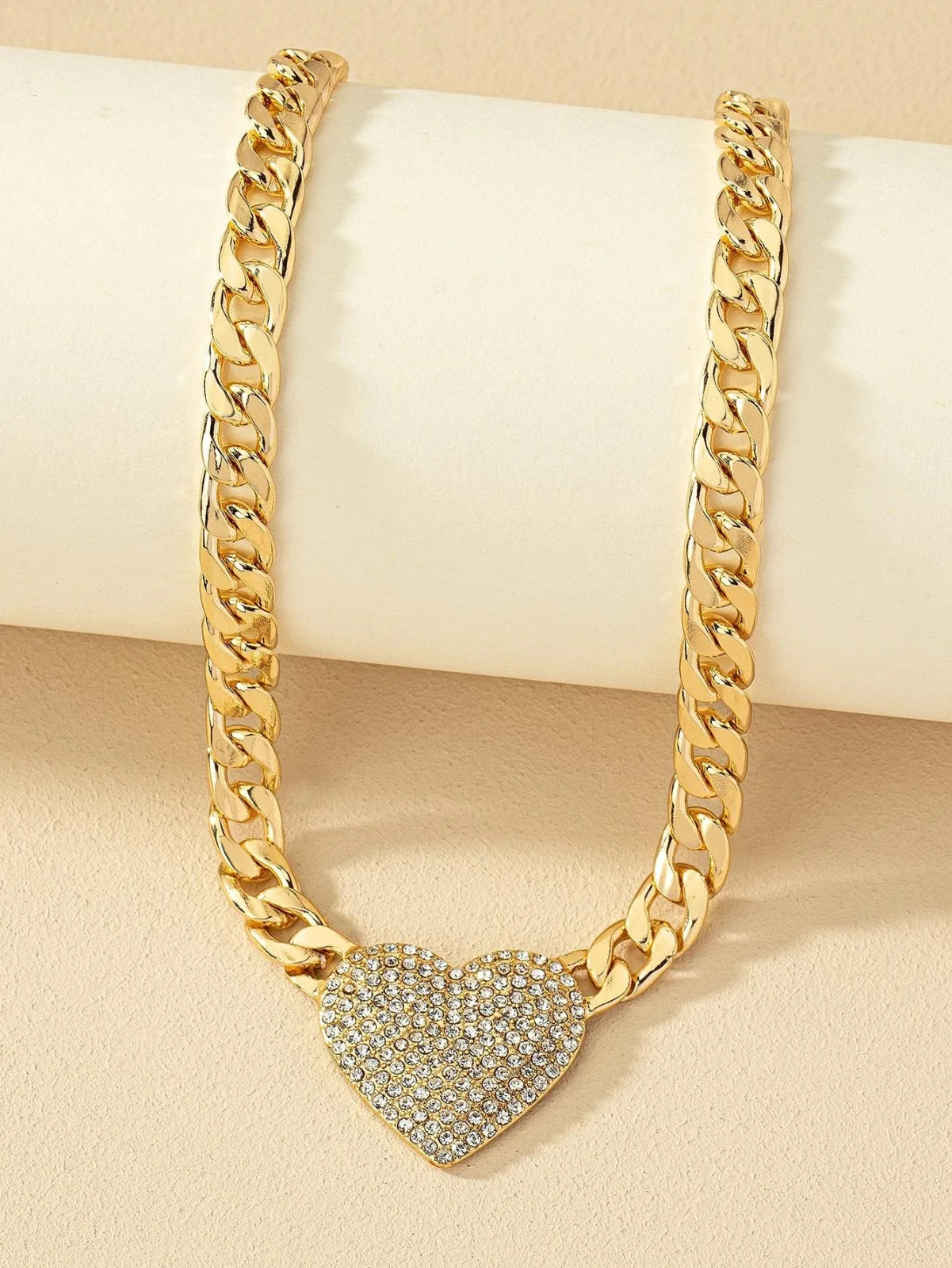 Elegant Rhinestone Heart Chunky Necklace for Women Fashion Statement Chain Jewel
