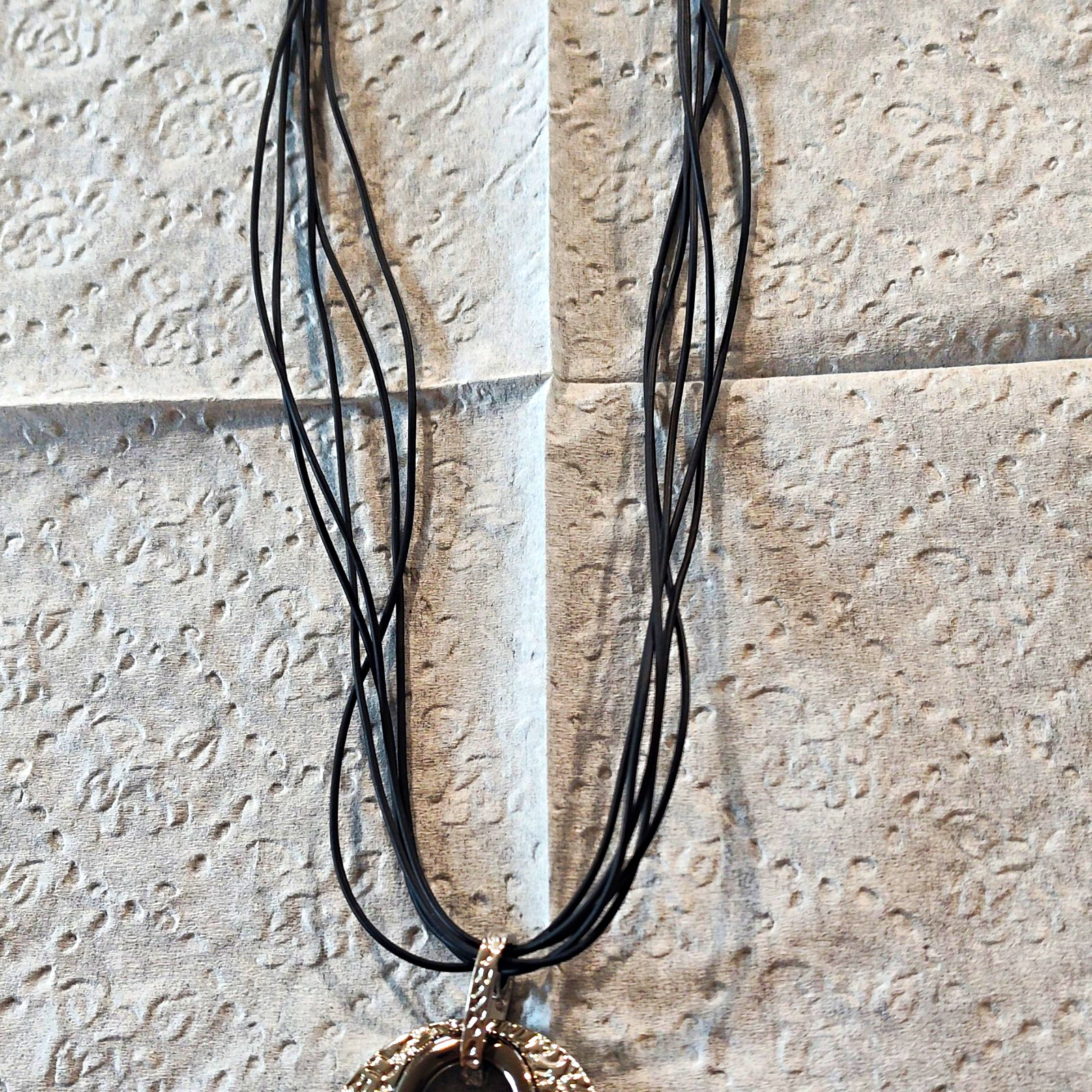 Black Multi-Strand Cord Necklace Round Silver Tone Pendant Rubber Metal Lobster