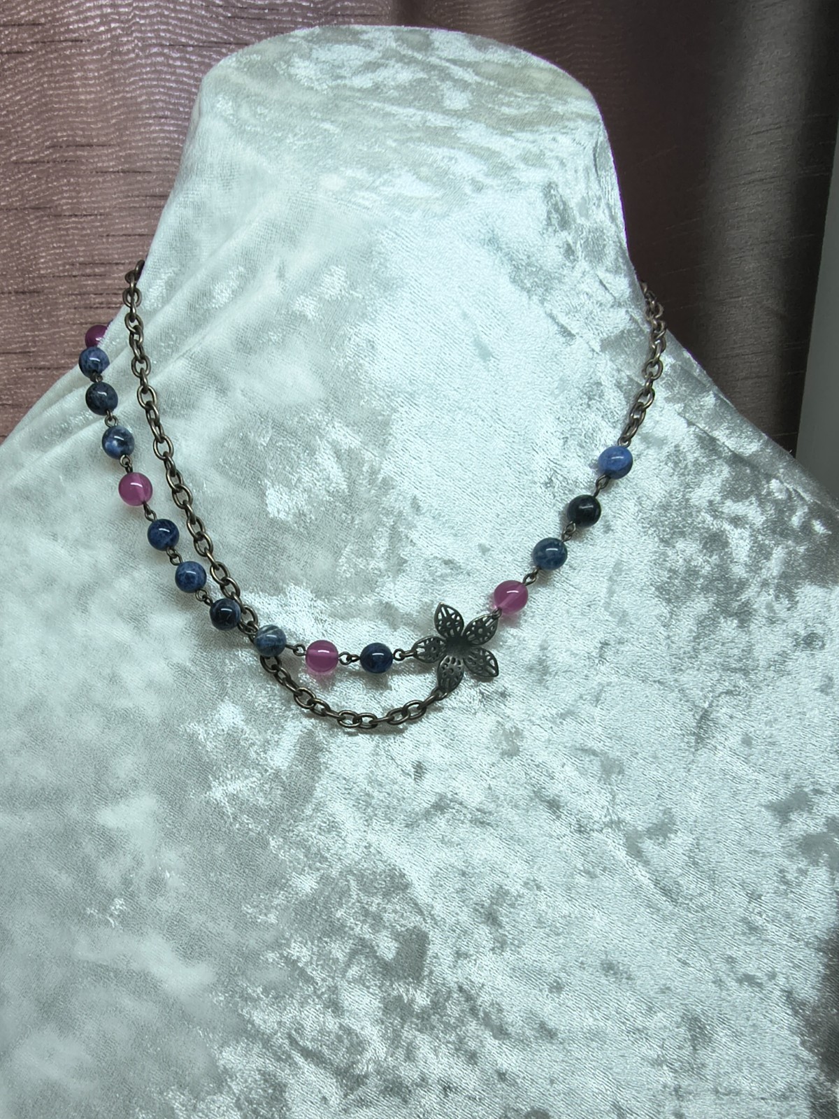 Double Strand Blue Pink Bead Necklace Bronze Tone Flower Charm 46cm Boho
