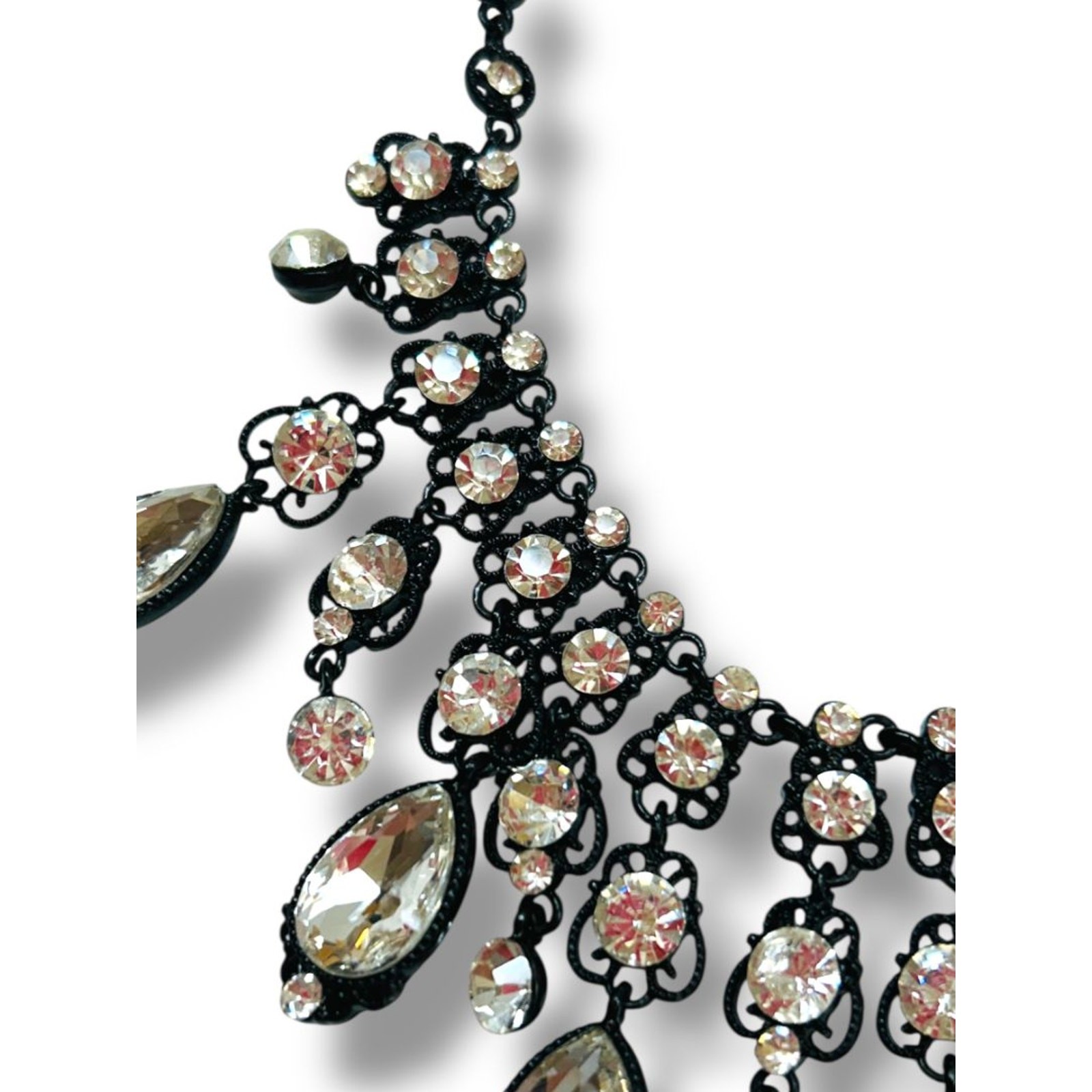 Natasha Bib Necklace Black Chain Clear Beads Sparkly 16-19″