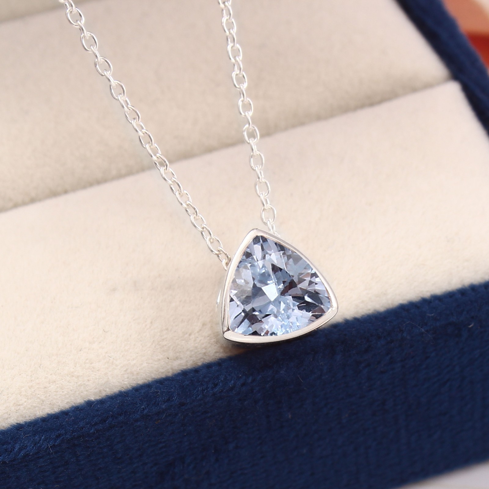 AAA Aquamarine Pendant 925 Sterling Silver Necklace Birthday Gift Trillion 10 MM
