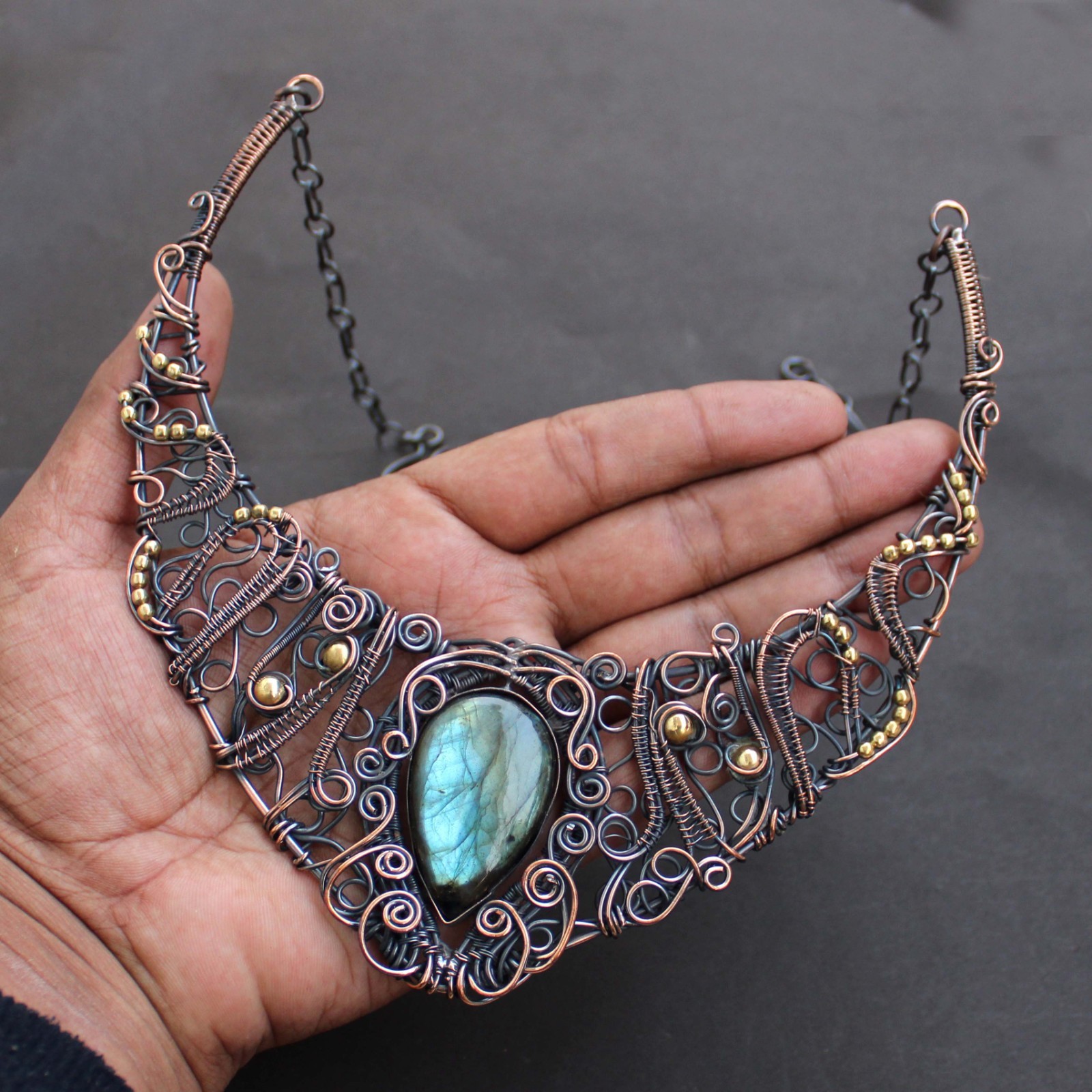 Natural Labradorite Necklace Jewelry Copper Wire Wrapped Chain Necklace 18.0″