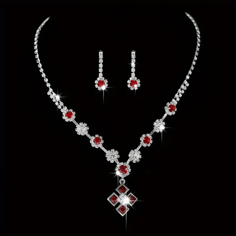 3pcs/ set Square zircon inlaid necklace earrings jewelry set