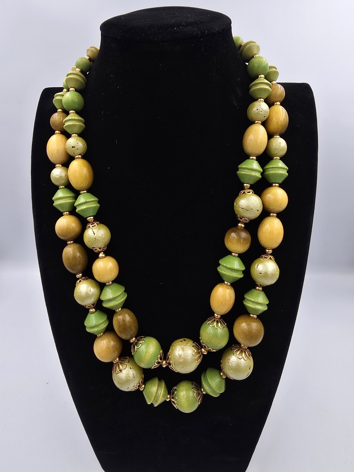 Vintage Double Strand Wood Bead Necklace Green Yellow Gold Tone Clasp