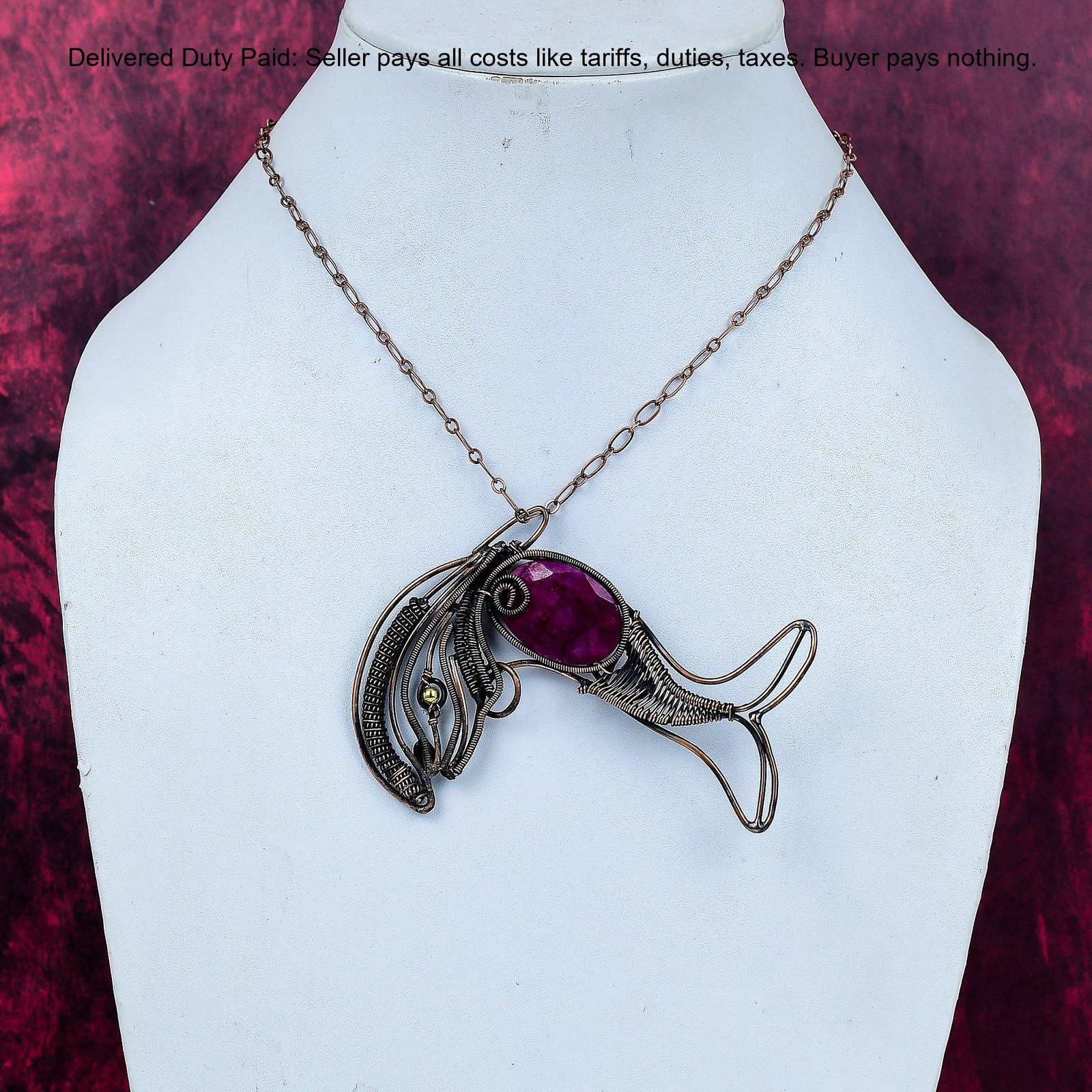 Kashmir Rubi Stone Copper Anniversary Graduation Wire Wrapped And Fish Pendant