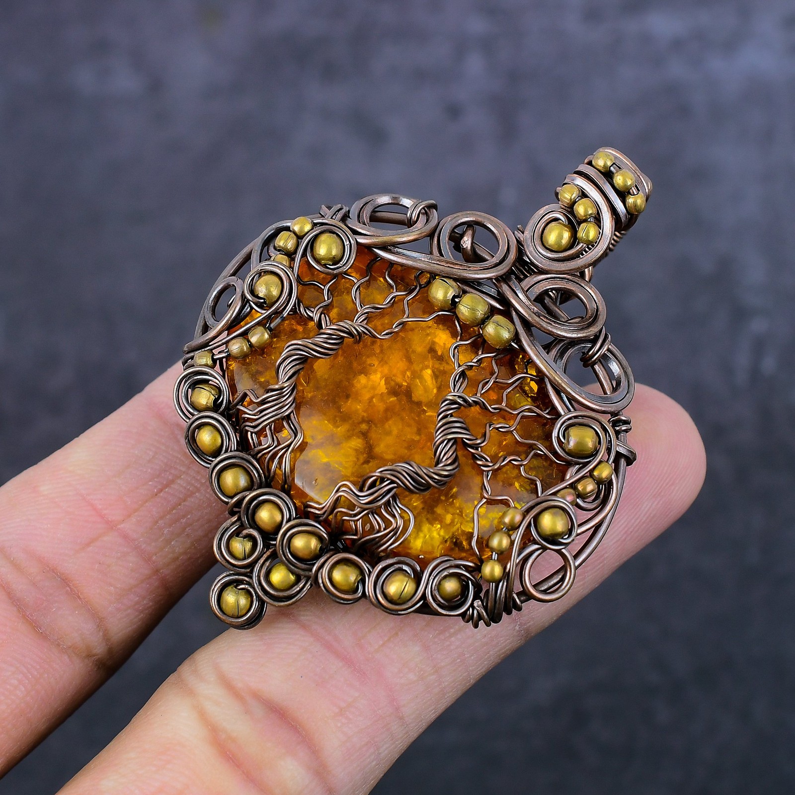Baltic Amber Gemstone Copper Wire Wrap Tree Of Life Jewelry Pendant 2.44″ o720