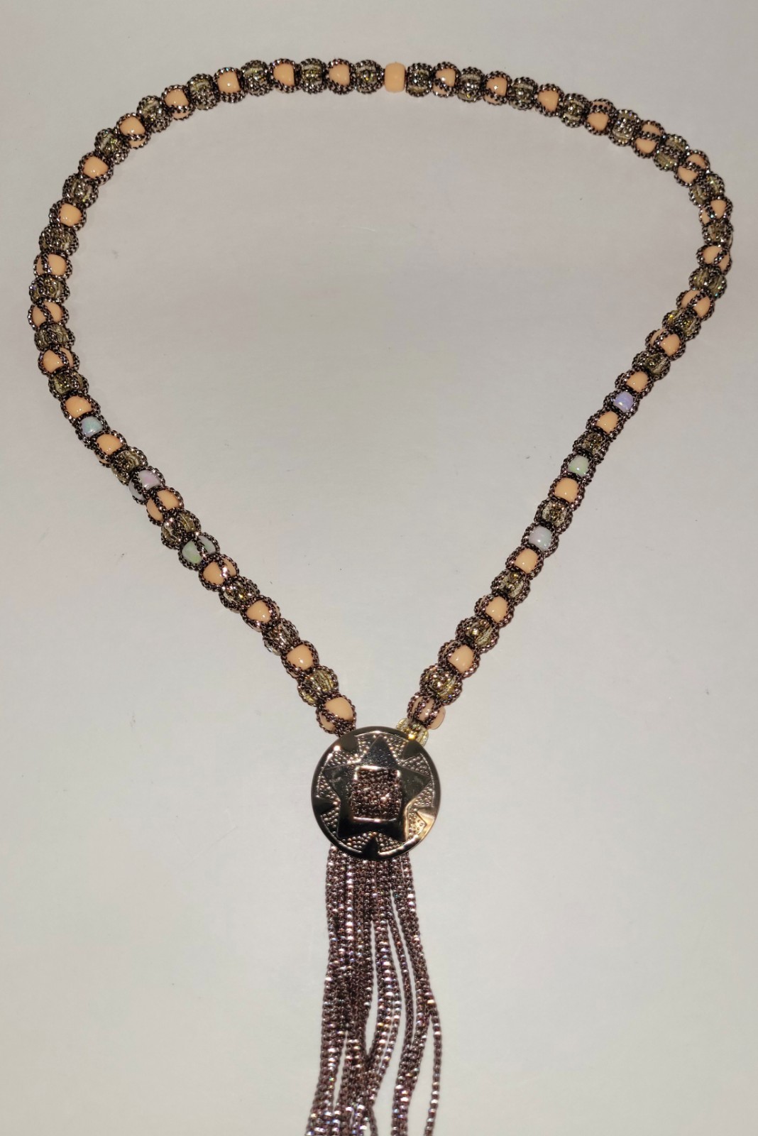 Vintage Western Bolo Tie Brown Silver Cord Silver Tone Concho Beaded Necklace