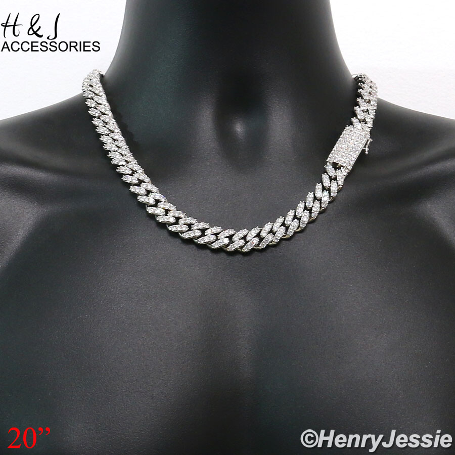 MEN 14K WHITE GOLD PLATED 18″-24″X12MM CZ PRONG SET CURB CHAIN NECKLACE*ABN5