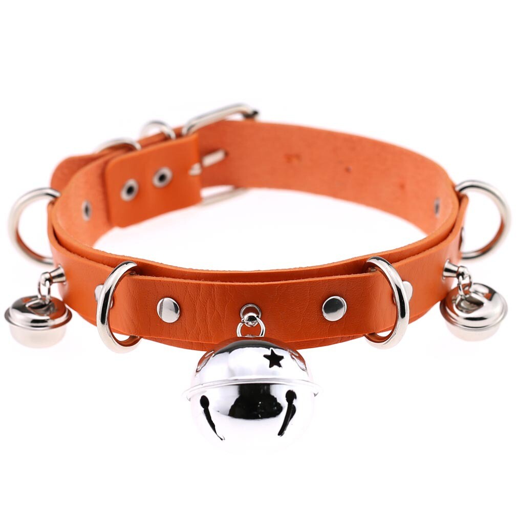 Allacki Punk Leather Choker Necklace Multilayer Bells Metal Chocker Collar
