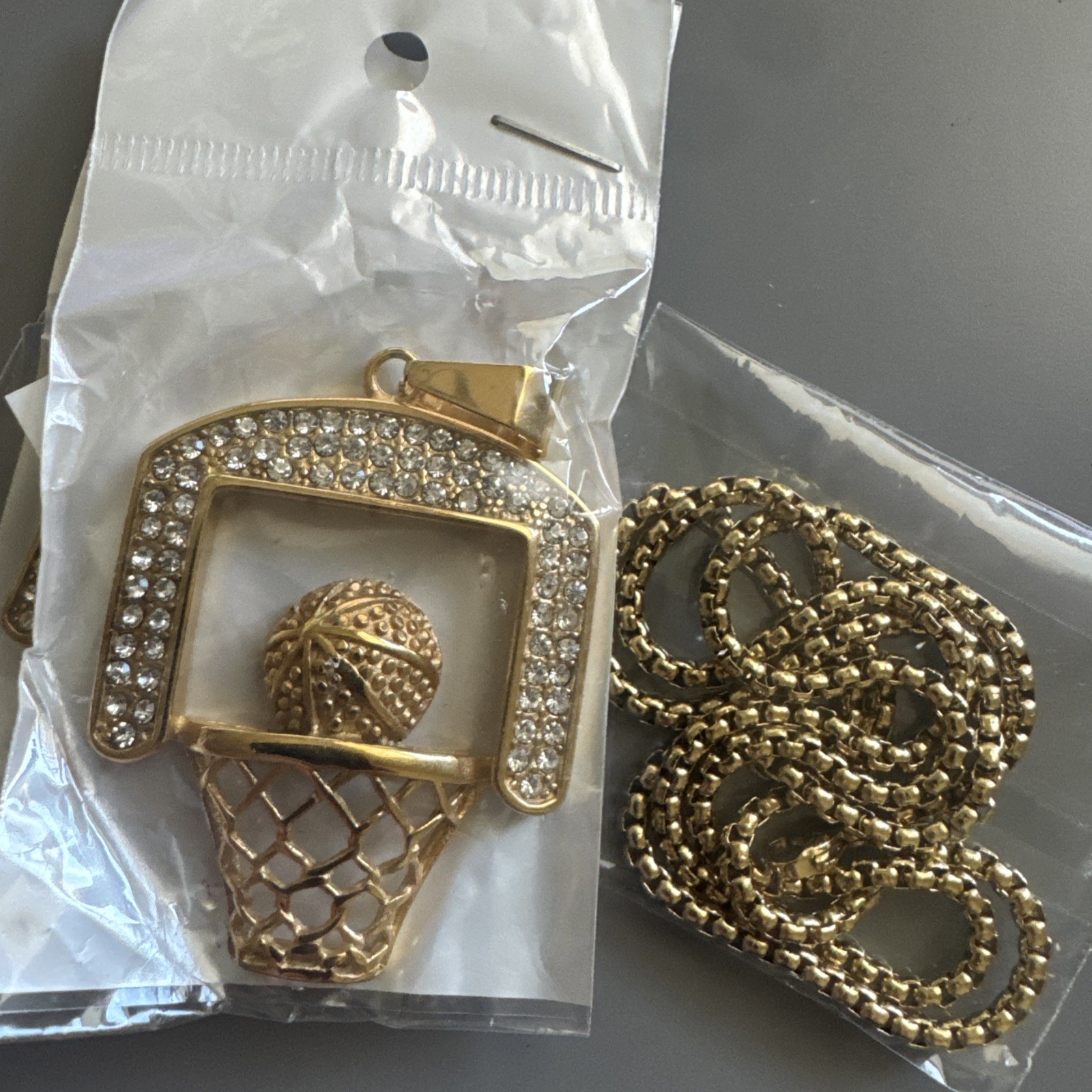 Basketball Hoop Stainless Steel Pendant 24 Inch Chain Trophy Cubic Zirconia Gold