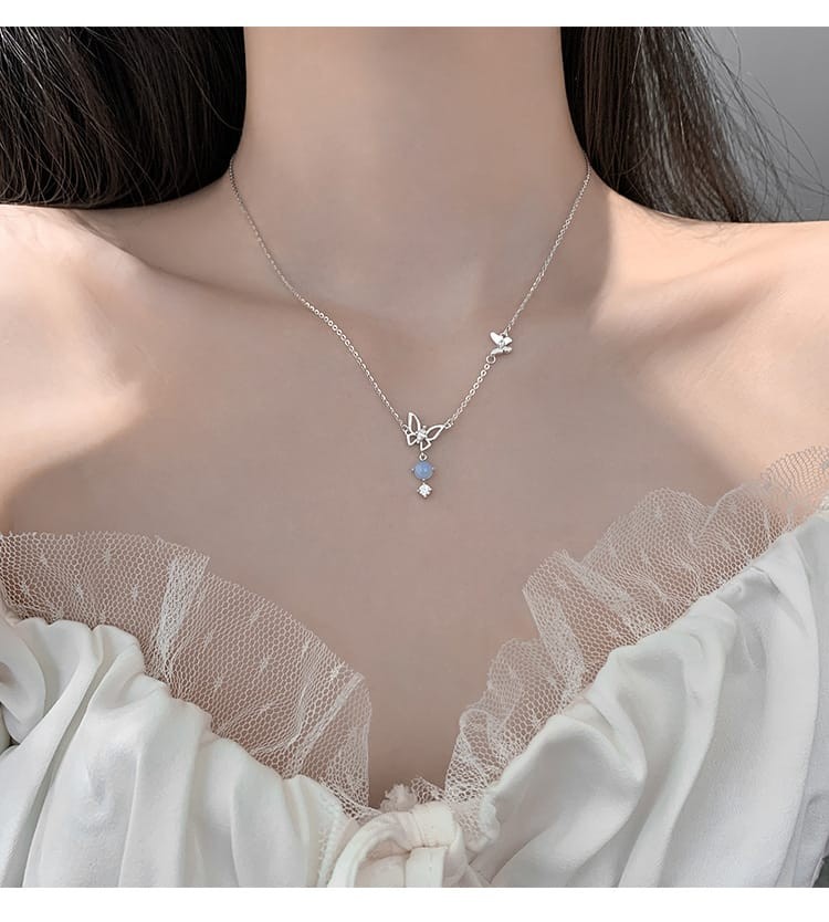 Silver Butterfly Necklace with Zircon Pendant for Women
