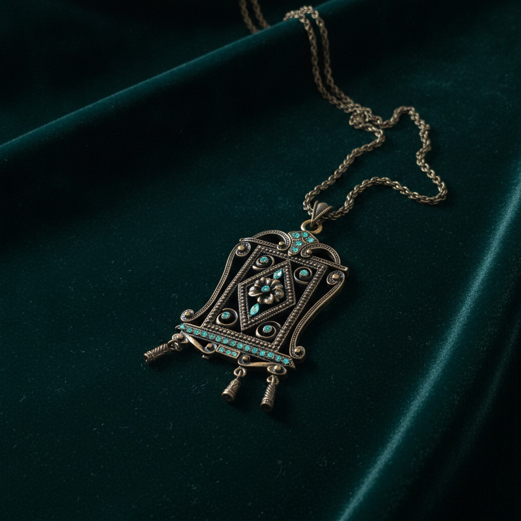 Vintage Women’s Large Chain Necklace Antique Bronze Turquoise Rhinestone Ornate