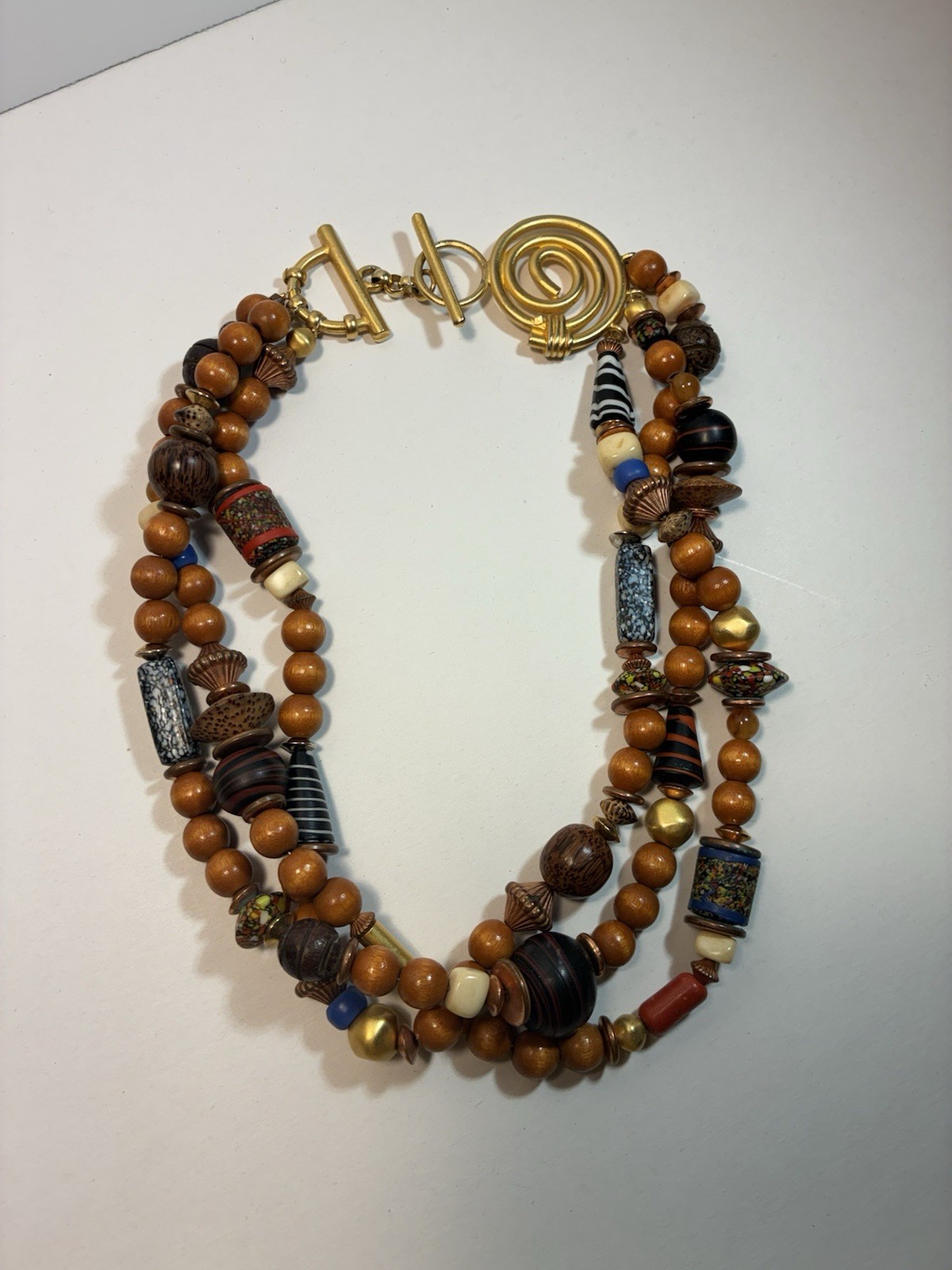 Artisan Multi-Strand Beaded Statement Necklace Wood Glass Metal Toggle Bohemian