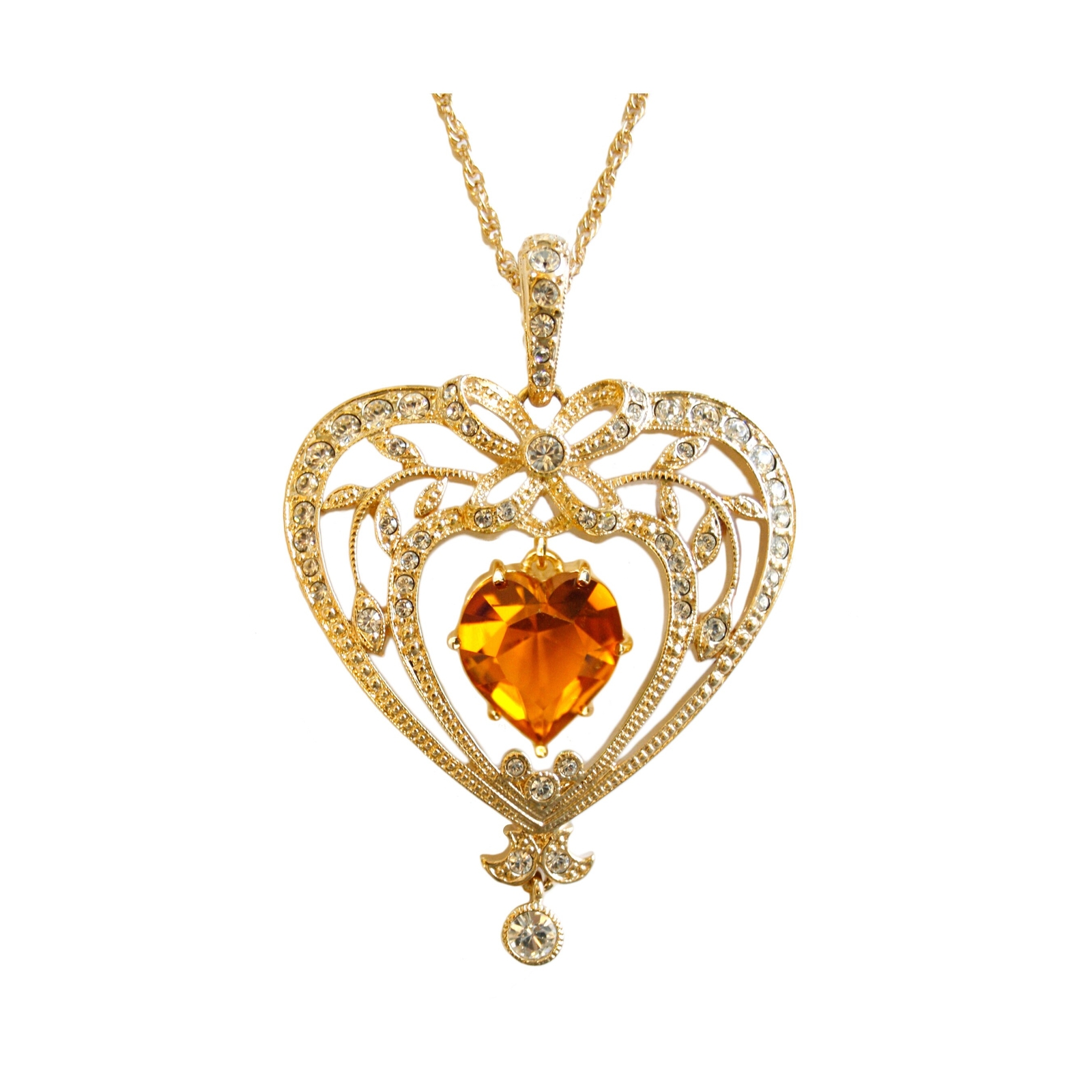 November Birthstone Gold Plate Metal Necklace Set With Heart Shape Topaz Crystal