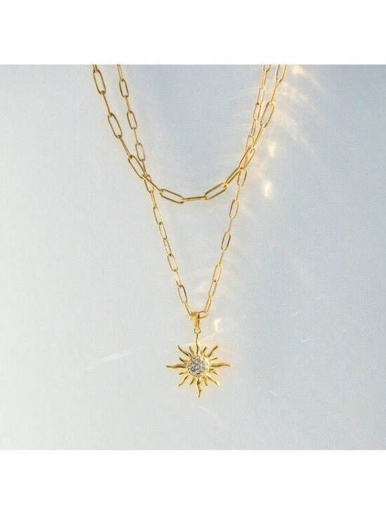 Double Layer Necklace w/cz Sun Pendant Gold Layered Necklace Summer Jewelry