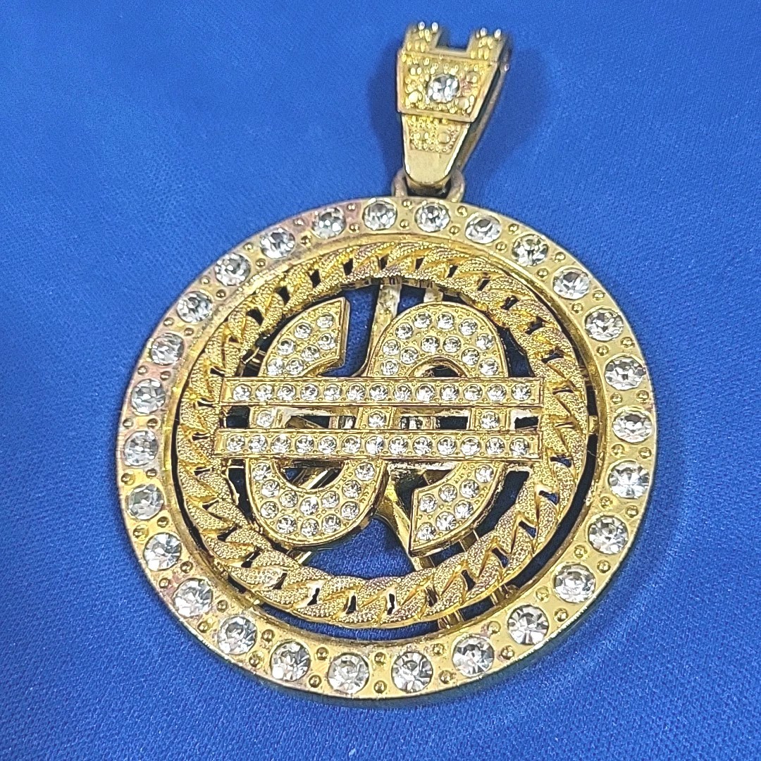 Dollar Money Sign Spinning Pendant Gold-Tone Medallion Bling Rapper Novelty