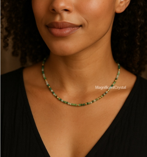 Minimalist Natural Moss Agate Choker Healing Energy Green Beads Dainty Necklace