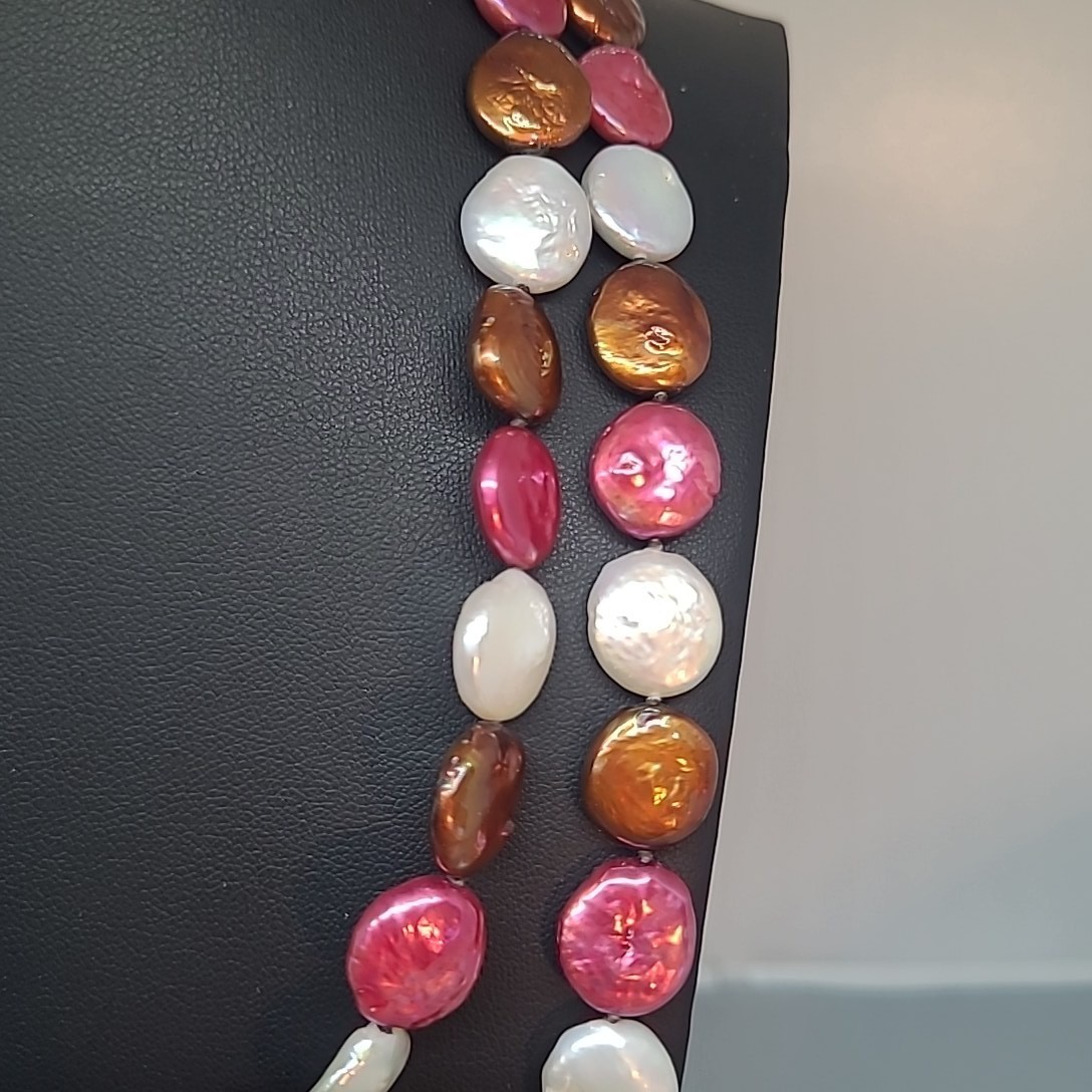 CGI China Necklace Woman Fuchsia Bronze White Freshwater Coin Pearl 37 Inch Long