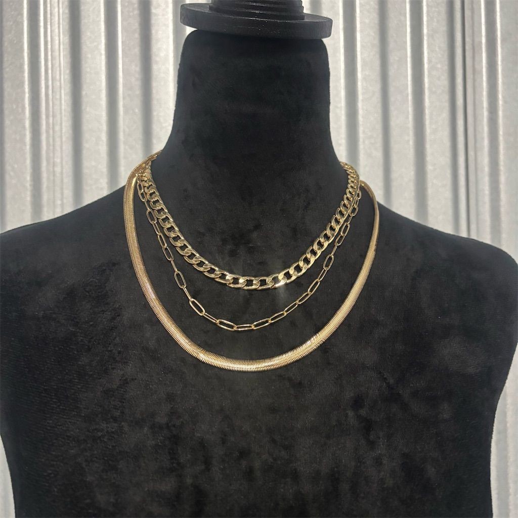 Gold Tone Necklace Layered Flat Herringbone Cuban Link Figaro Chains Women’s