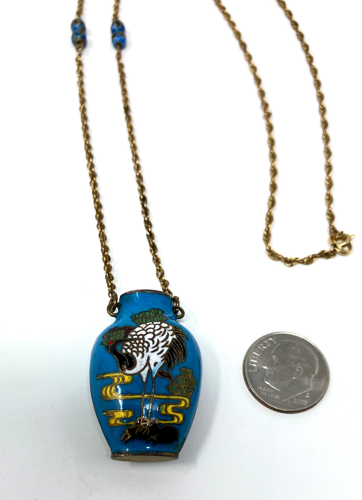 Vintage Cloisonne Blue Vase Crane Bird 1/20 12KT gold filled Chain 24″ Necklace