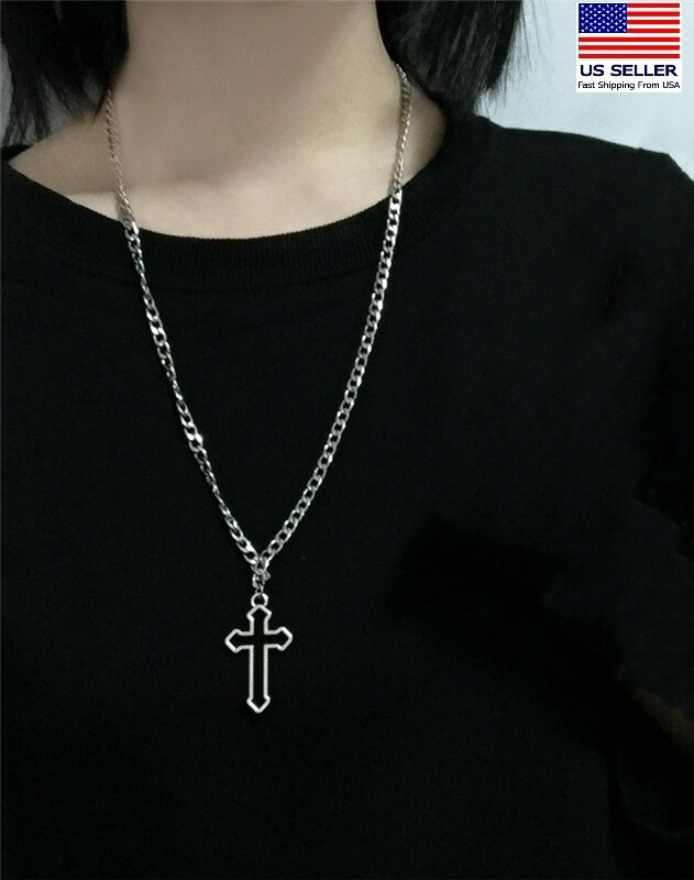 Men Women Stainless Steel Chain Necklace Dark Gothic Hollow Cross Pendant 2045