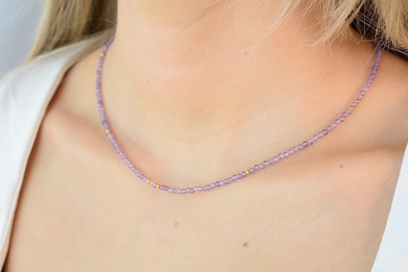 Dainty Amethyst Faceted Round Gemstone Gold Filled Beads Handmade Necklace 18”