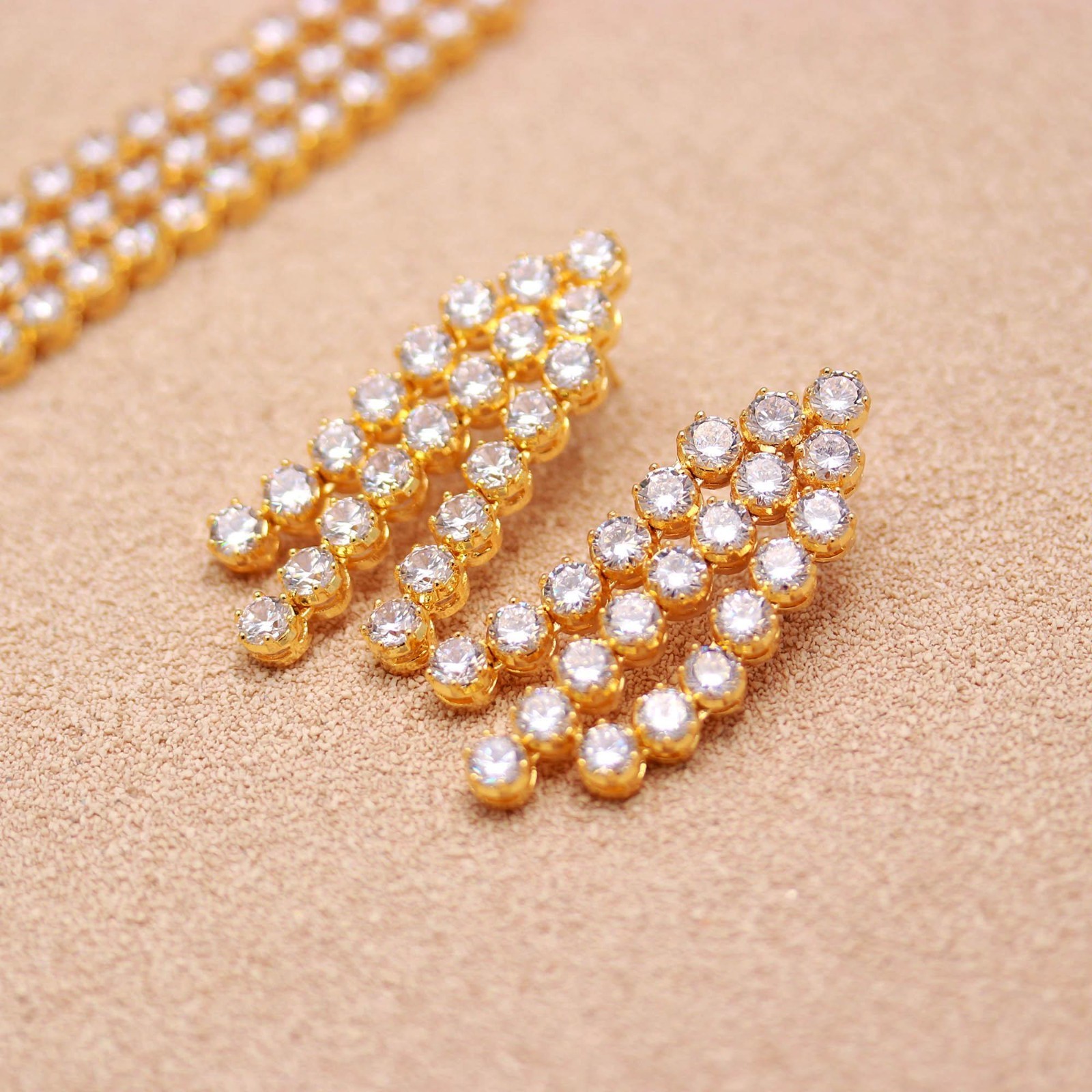 Cubic Zircon Triple Strand Necklace Earrings Set, Gold Plated Bridal Wedding