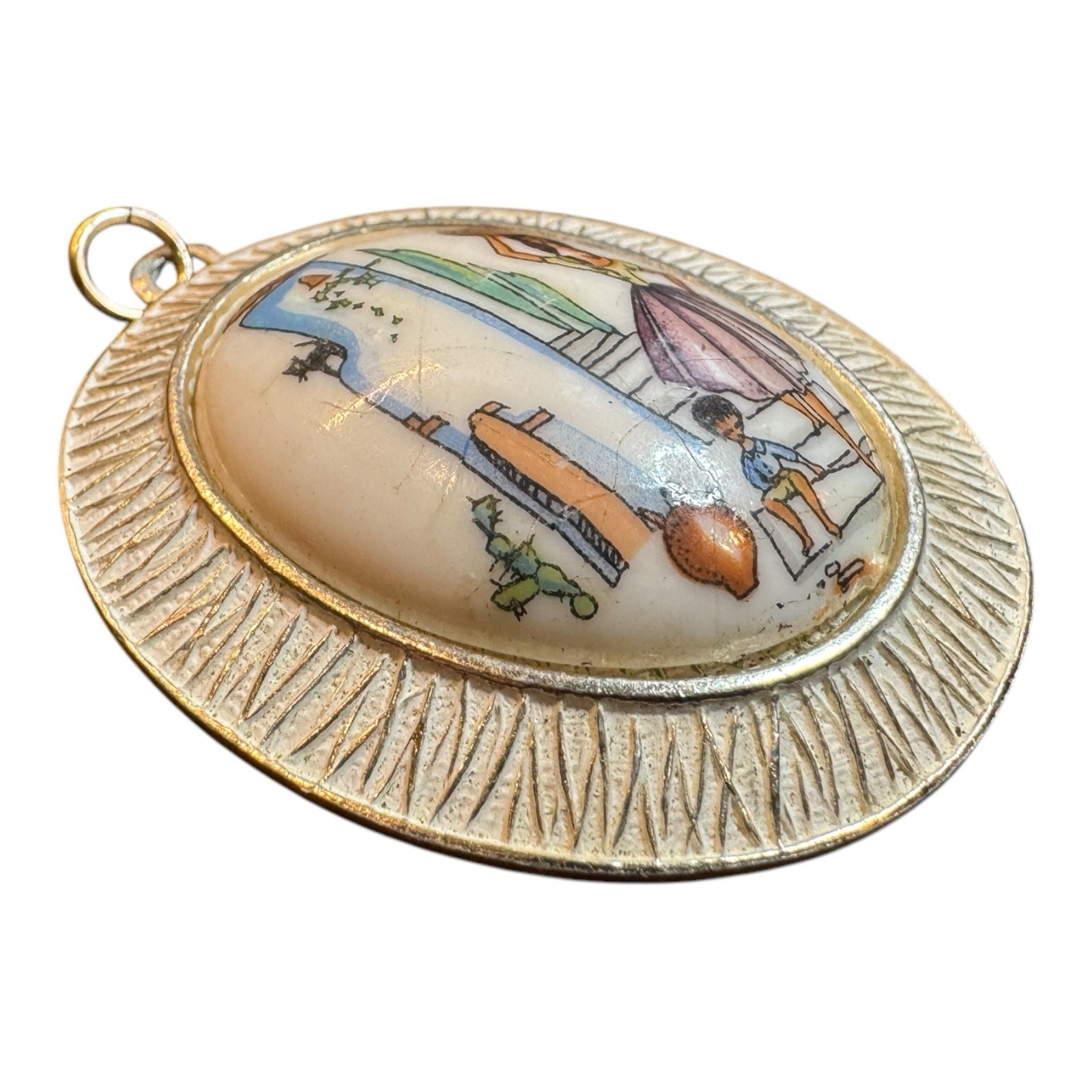 Vintage West Germany Pendant Painted Folk Art Scene Woman Child Cat Oval