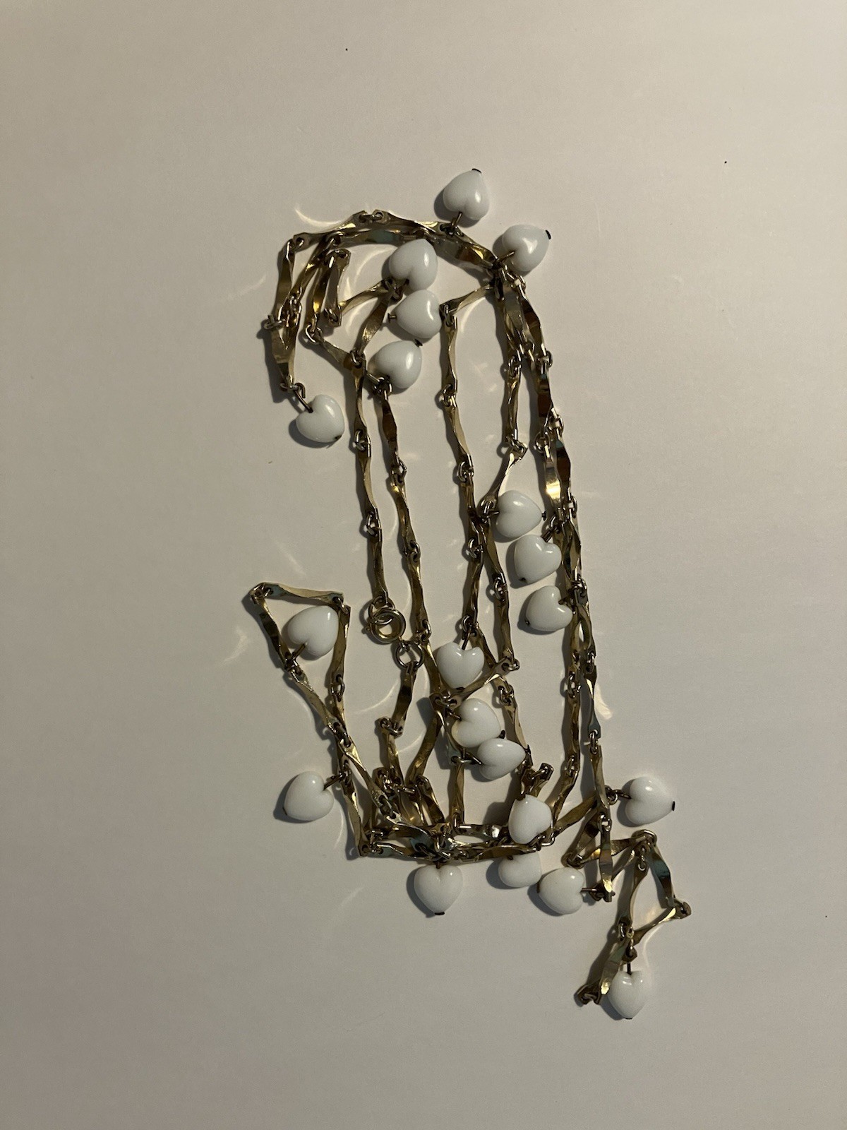 White Hearts And Gold Tone Chain Necklace 26 inch long