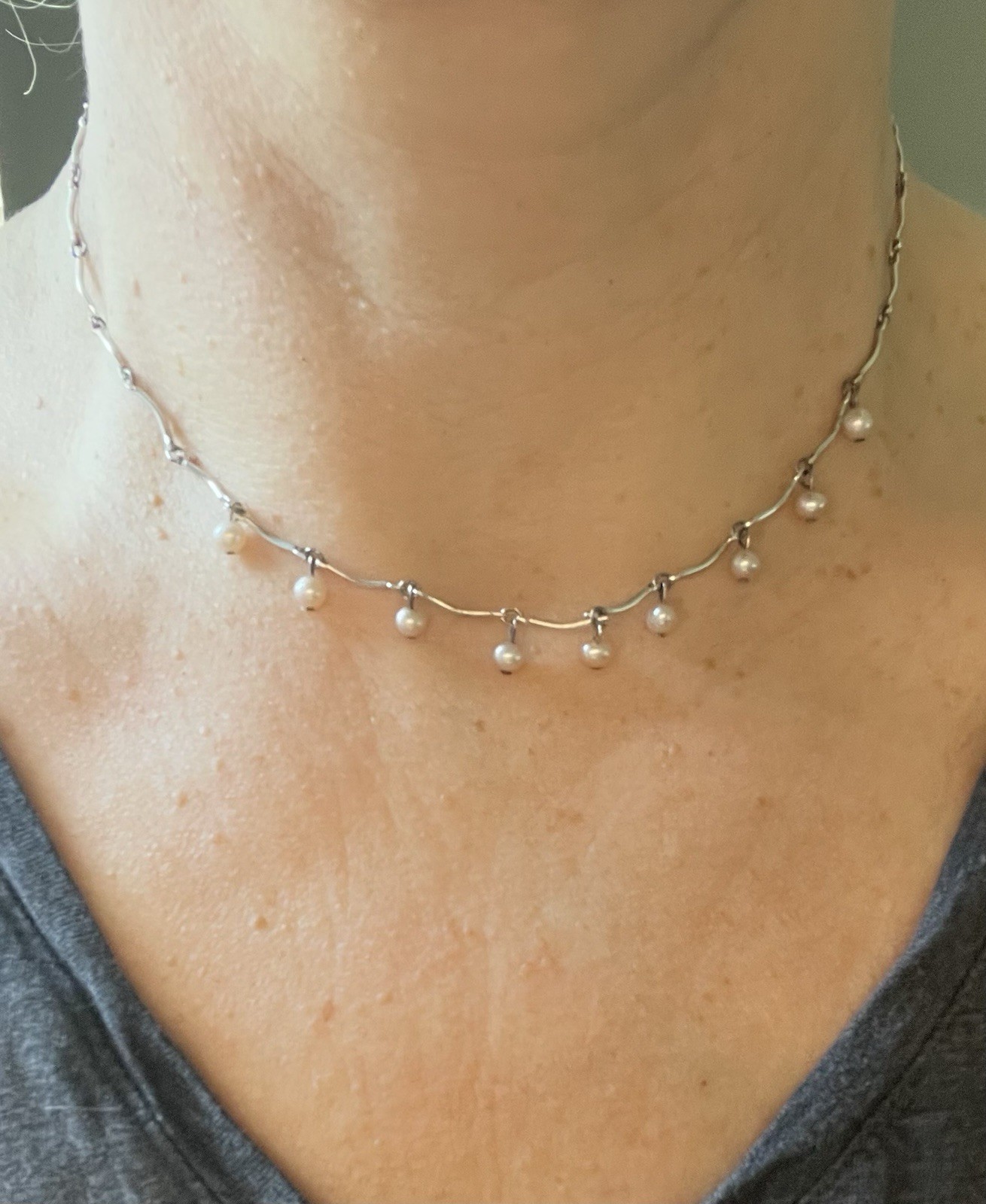Sterling Silver 925 Scalloped Chain White Dangling Faux Pearls Chocker Necklace