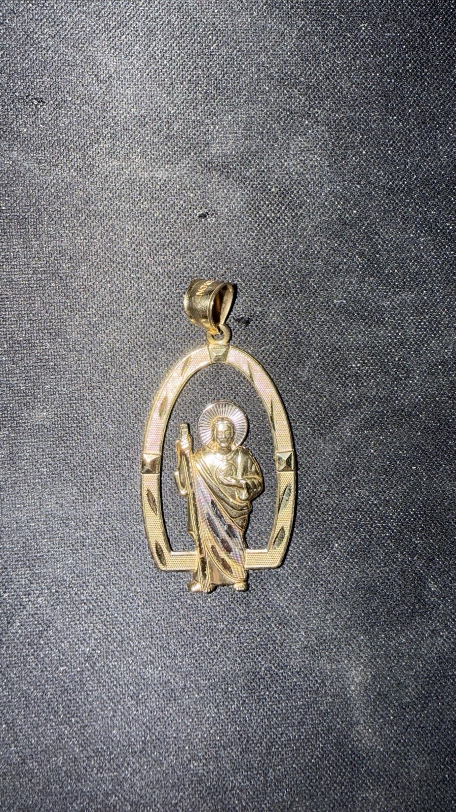 10k Yellow Gold Religious San Judas Pendant With slight bend at top by bail