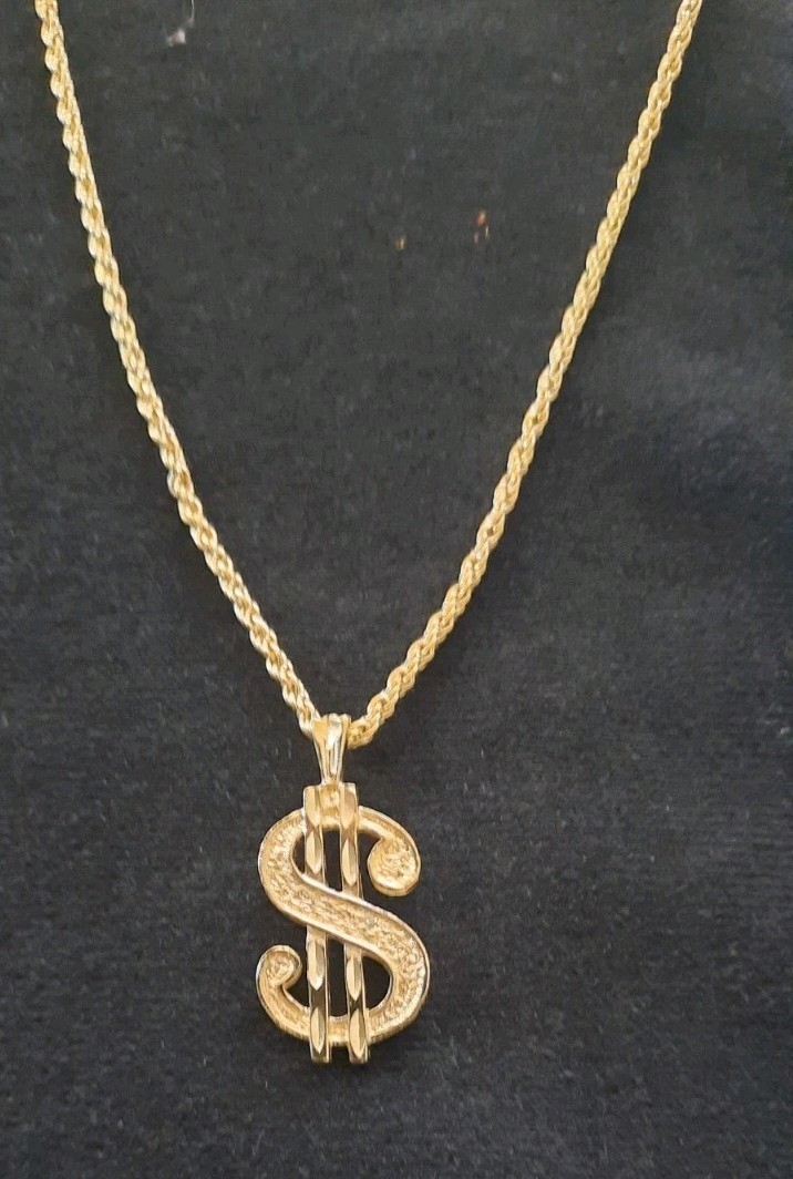 Dollar Sign Pendant 1 1/4″ w Sparkling Rope Chain Fashion Necklace 18″ Gold Tone