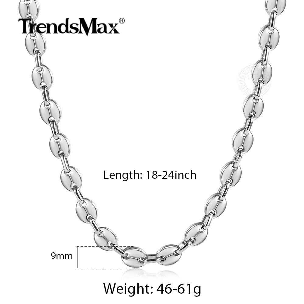 9mm 22″ Silver Stainless Steel Coffee Beans Marina Chain Necklace
