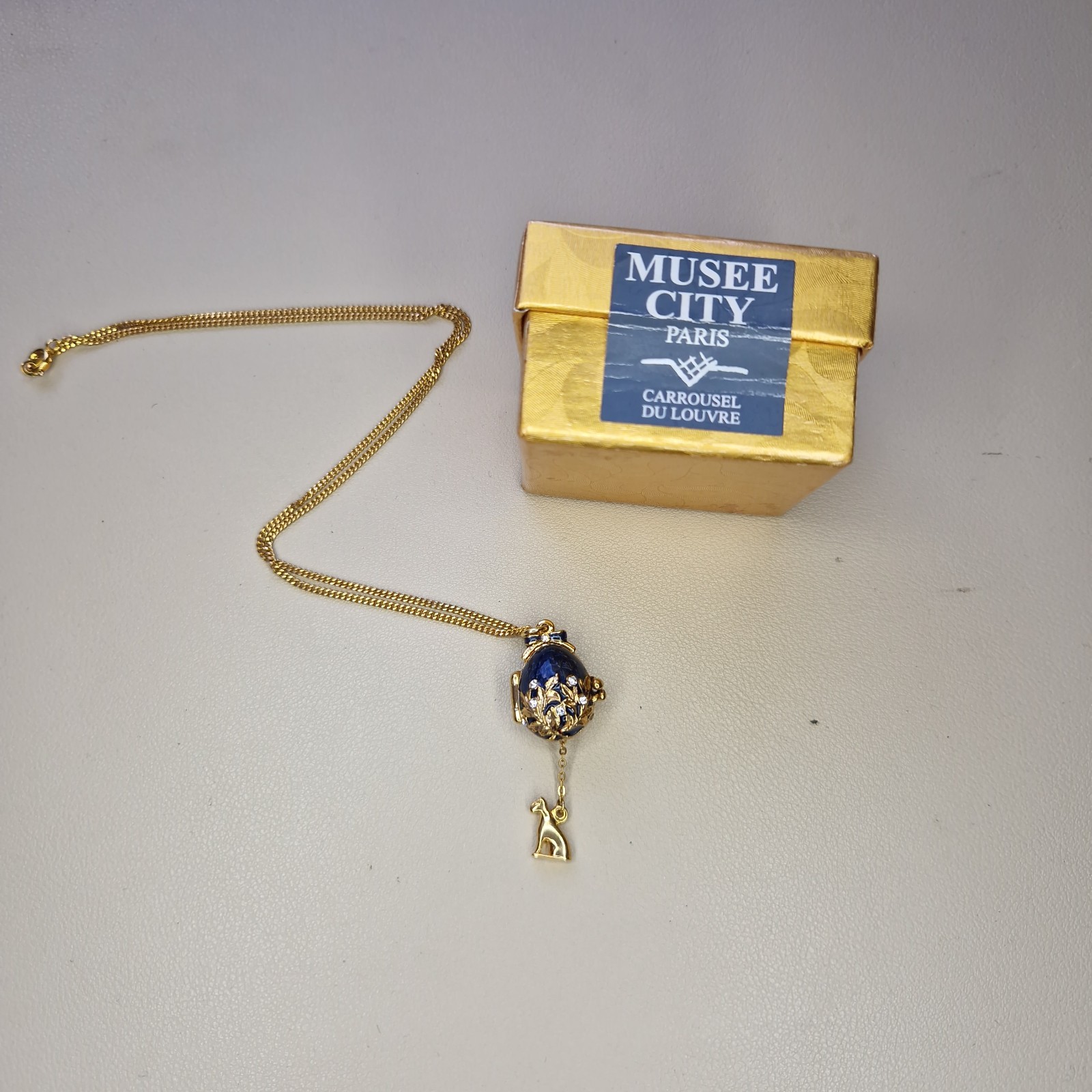 Enamel Easter Egg Locket Necklace Dangly Hidden Charm Sphix Jeweled Louvre 46cm