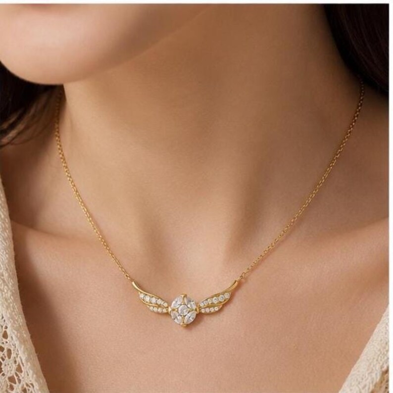 Fantasy Winged Necklace | Sterling Silver Pendant | CZ Diamonds, Gold Finish