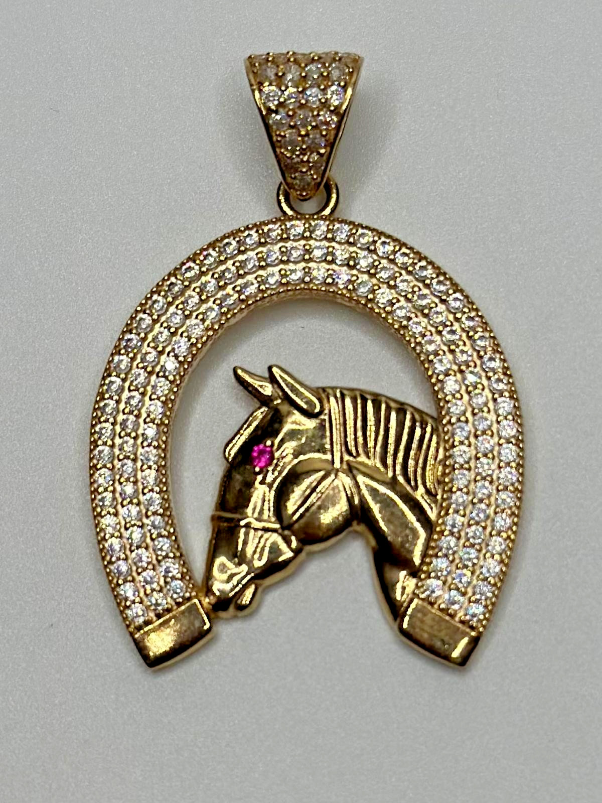 14K Yellow Gold Horseshoe Horse Head Pendant Cubic Zirconia/Ruby