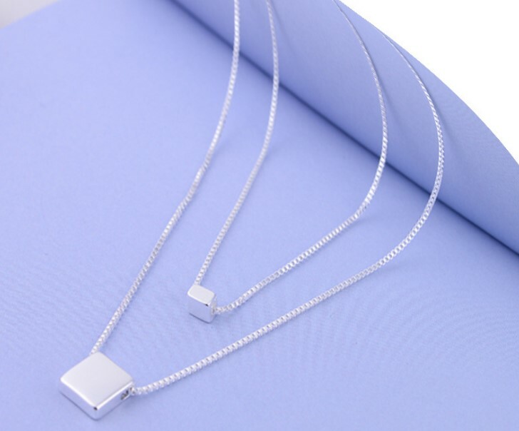16-20″ Sterling silver double layer Cube choker Box necklace Pendant Gift F20