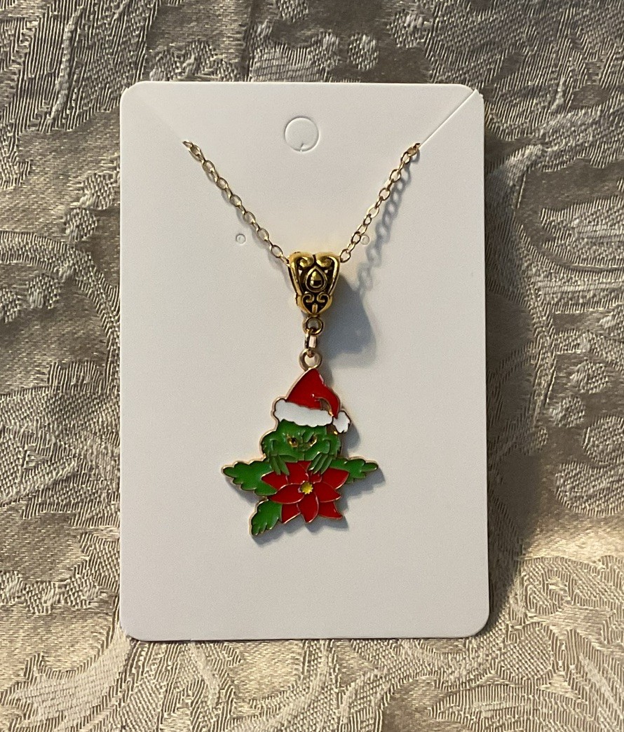 Grinch Christmas Holiday Gold Enamel Charm Adorable Boho Trendy Necklace 18”