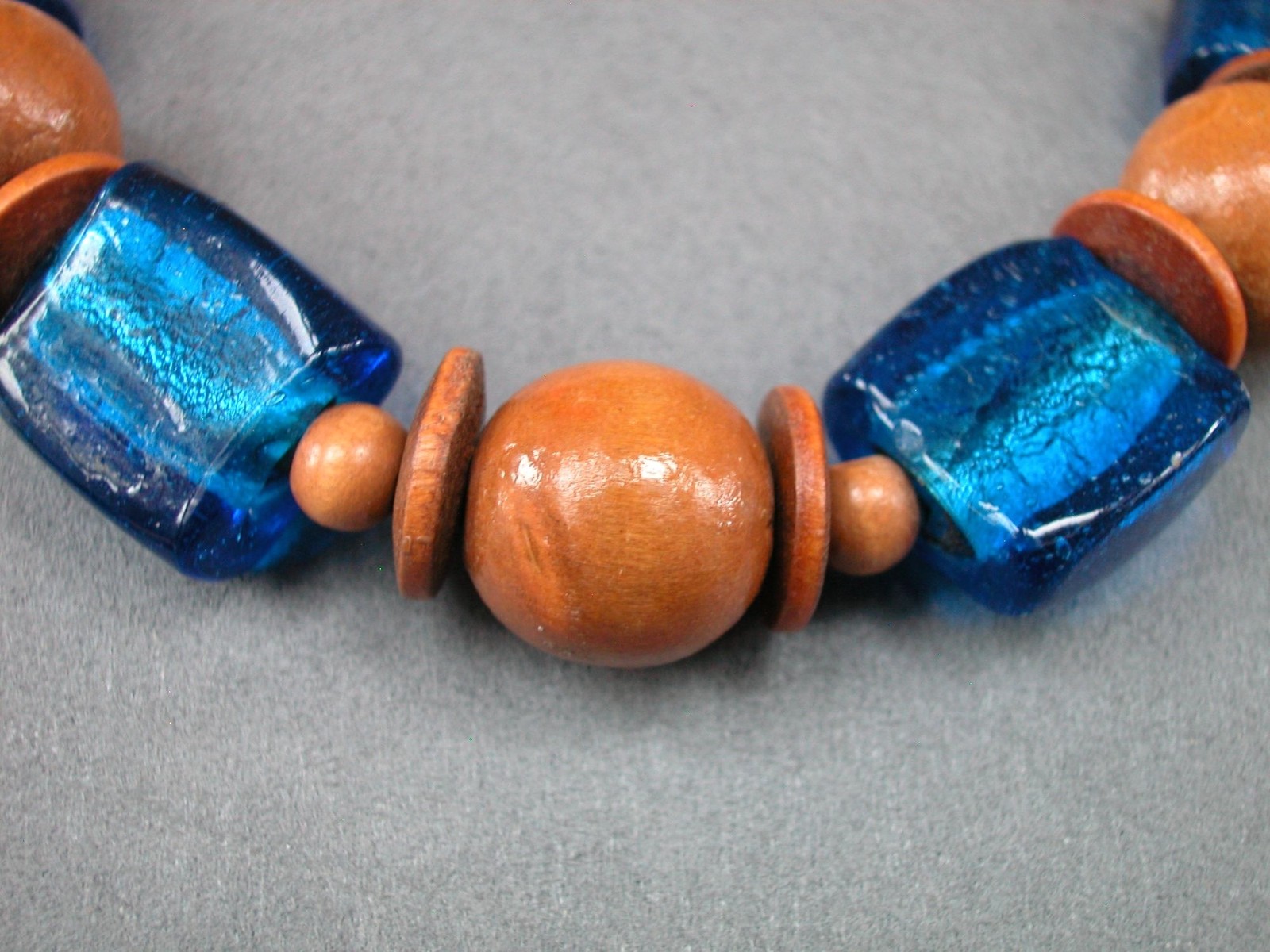 Wood & Blue Glass Bead Necklace 18″ / Lobster Clasp