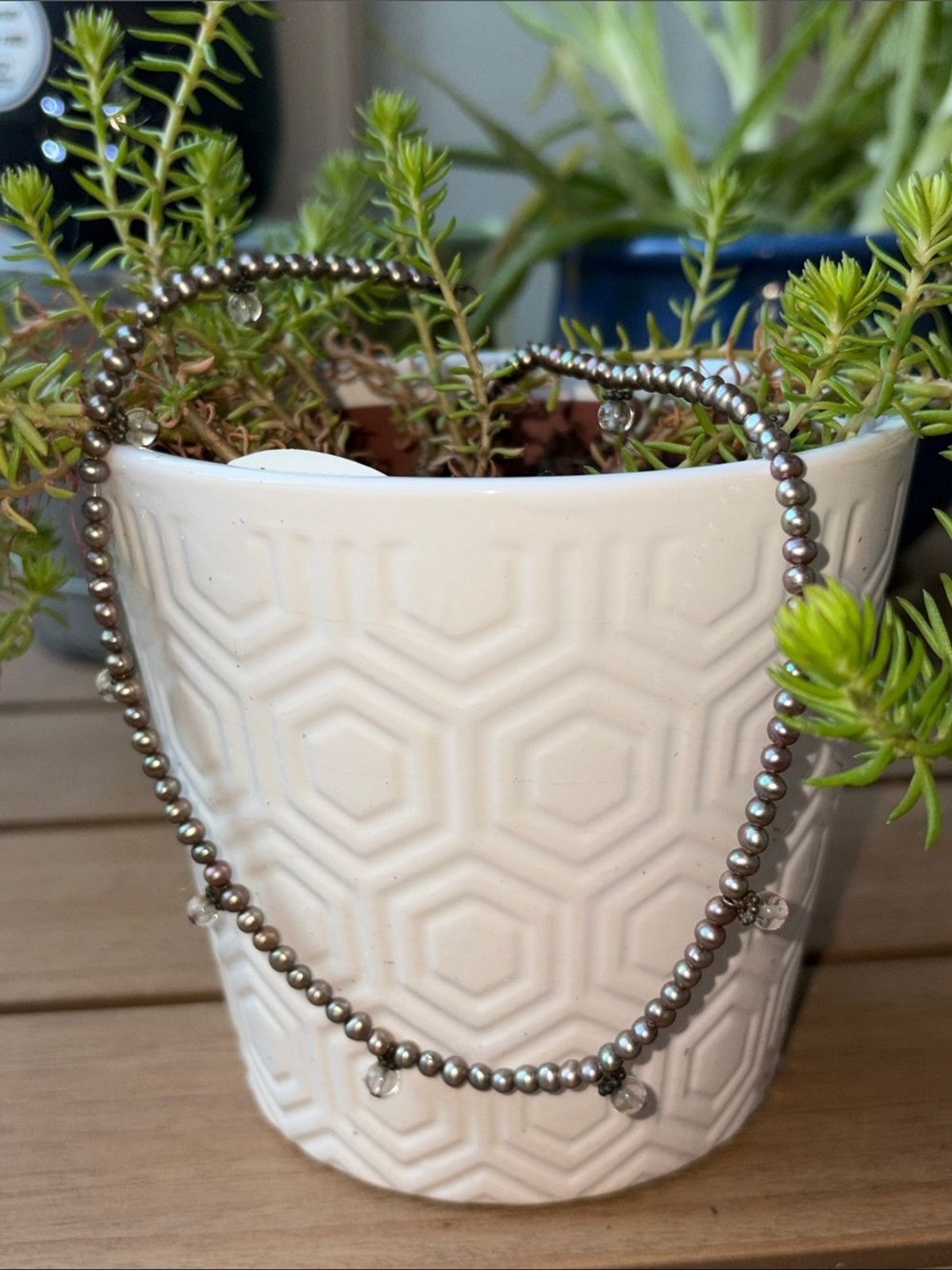 Delicate Gray Pearl Beaded Necklace with Crystal Drops