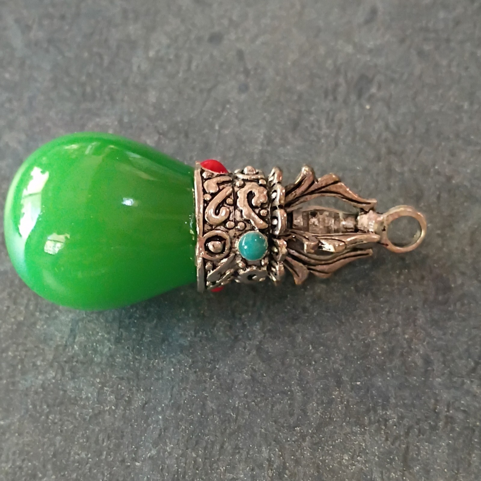 Green Jade Teardrop Charm Pendant Silver Tone Ornate Cap w/ Bail Loop
