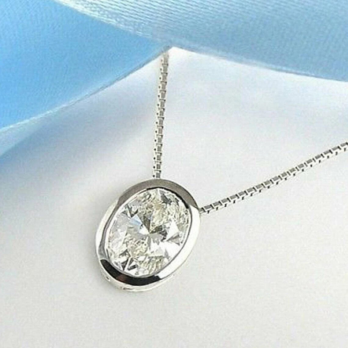 2Ct Oval Simulated Diamond Bezel Set Pendant 18″ Necklace 14k White Gold Plated