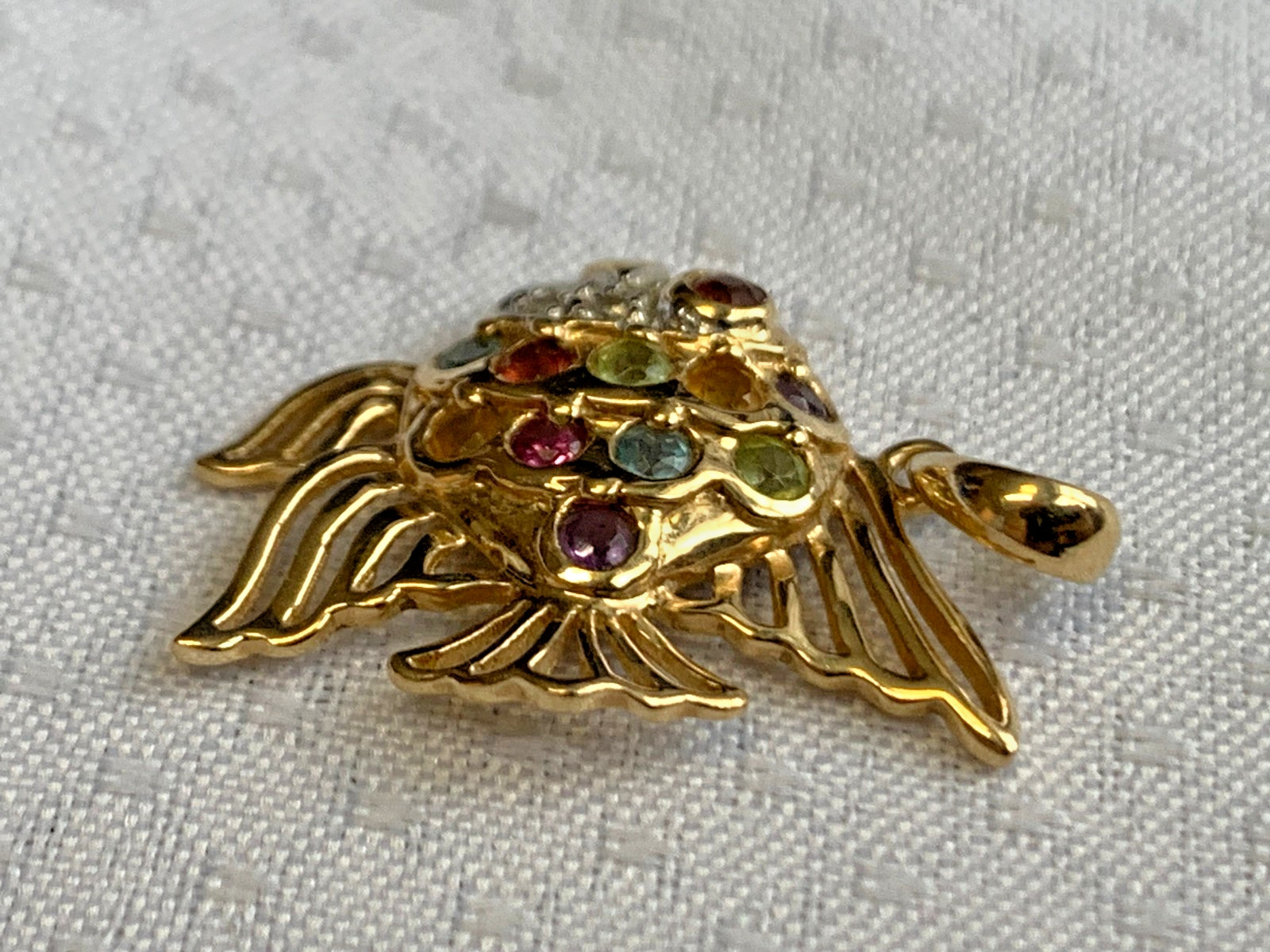 10K Yellow Gold Angel Fish Pendant 1.81g Jewelry Multicolor Stones Charm *READ*
