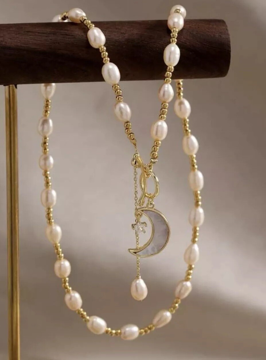 Mother Of Pearl Necklace & Baroque Pearl Moon Star OT womens Jewelry