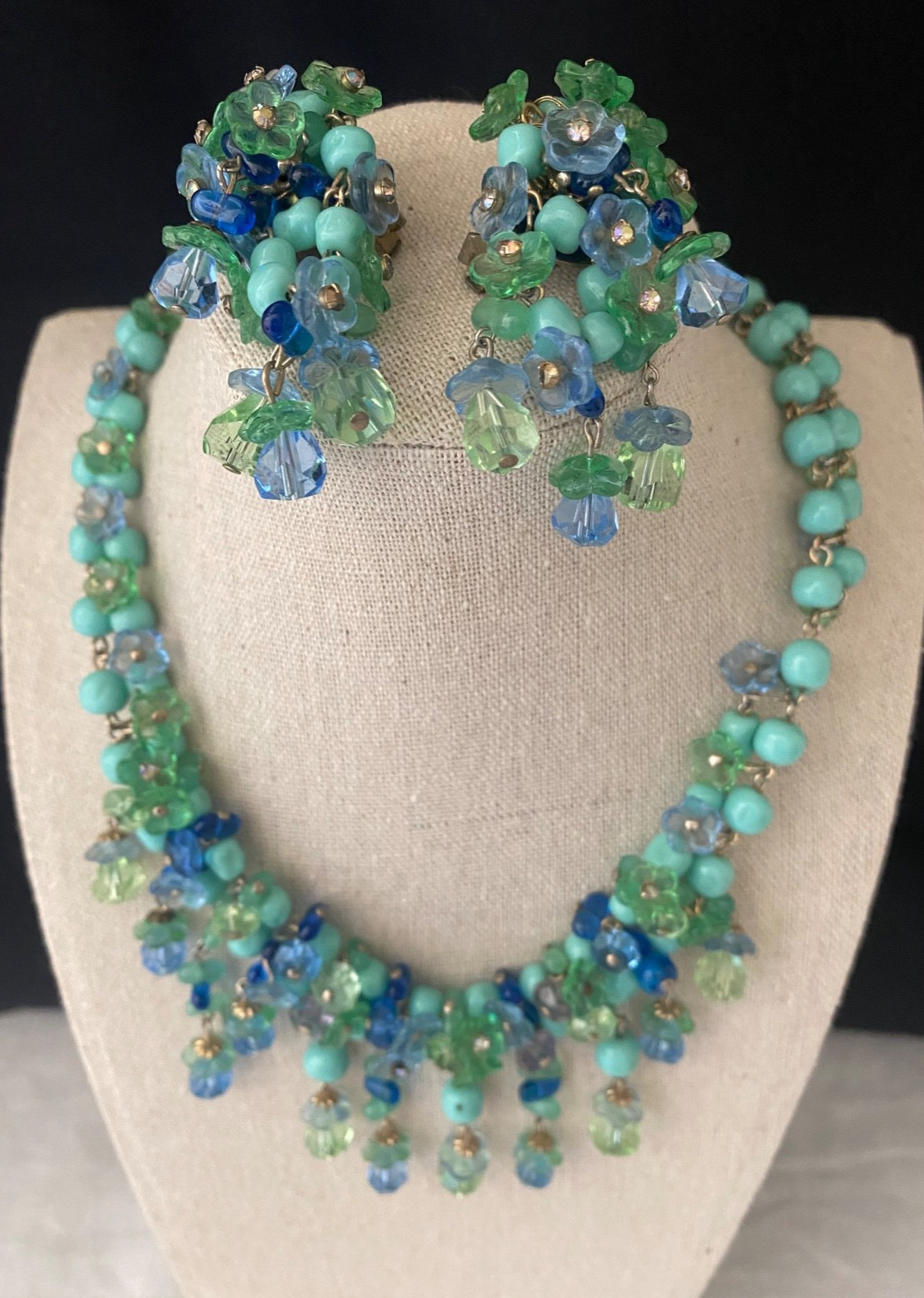 Vintage Mid Century Blue Green Glass Floral Necklace and Earrings Set Germany