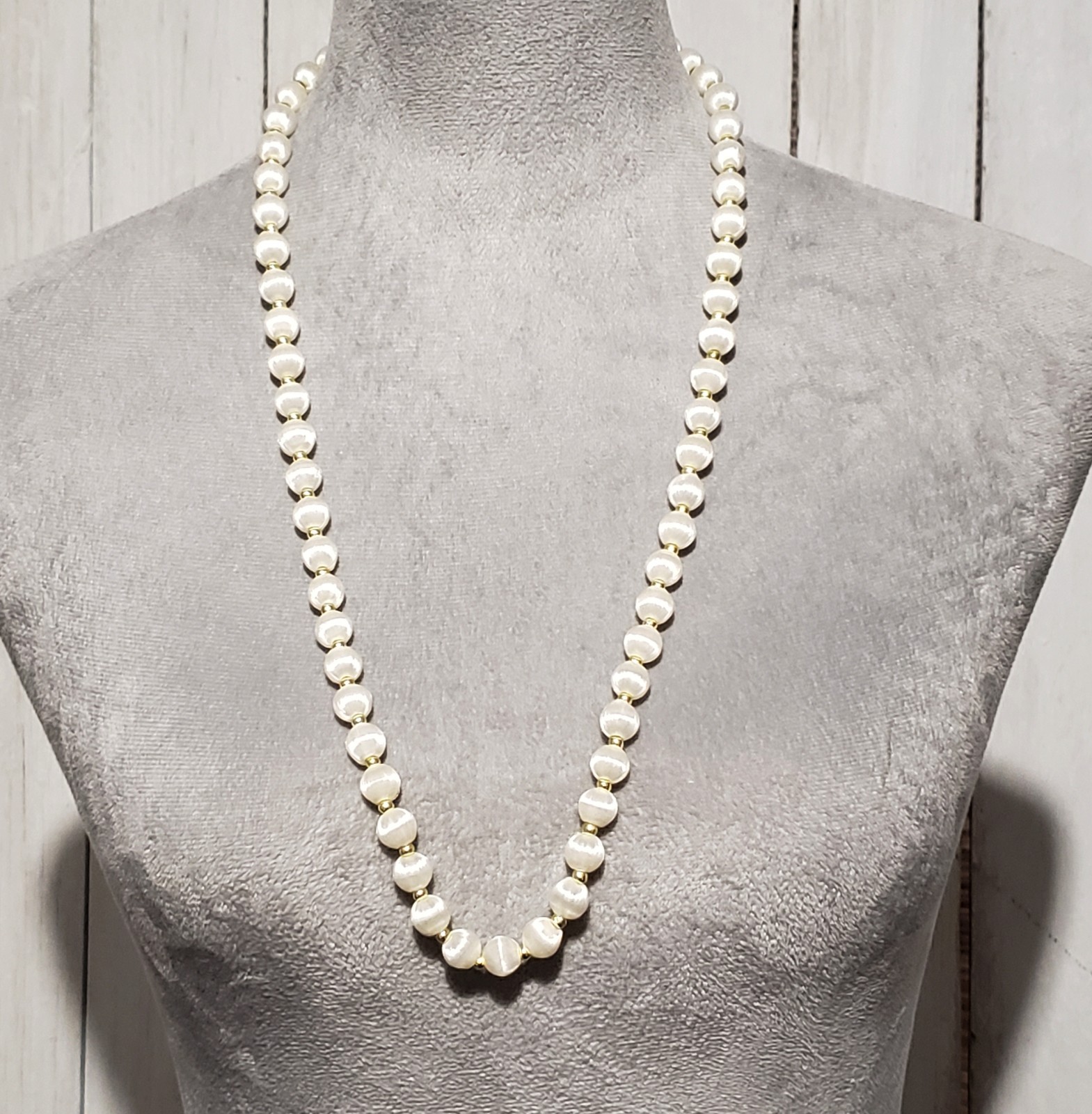 VTG Bead Necklace White Silk Satin Wrapped Boho Retro Glam Fairy Coquette Chic