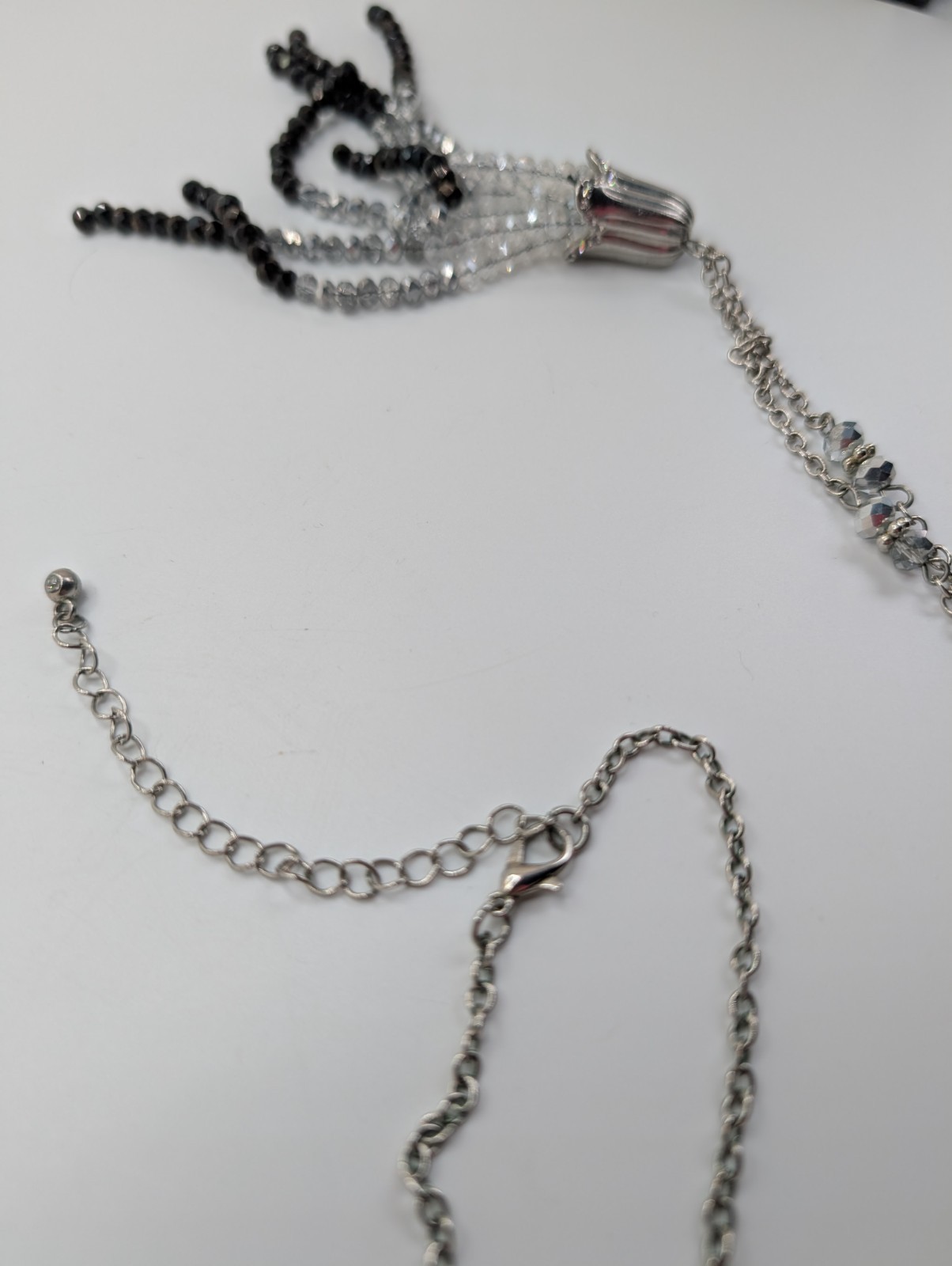 Long Silver Tone Necklace /w Tassel White Grey Black Ombre Beaded