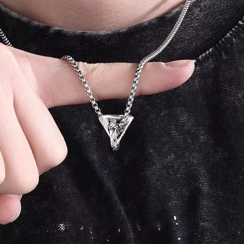 Triangle Ring Interlock Pendant Necklace Stainless Steel Silver Unisex Choker