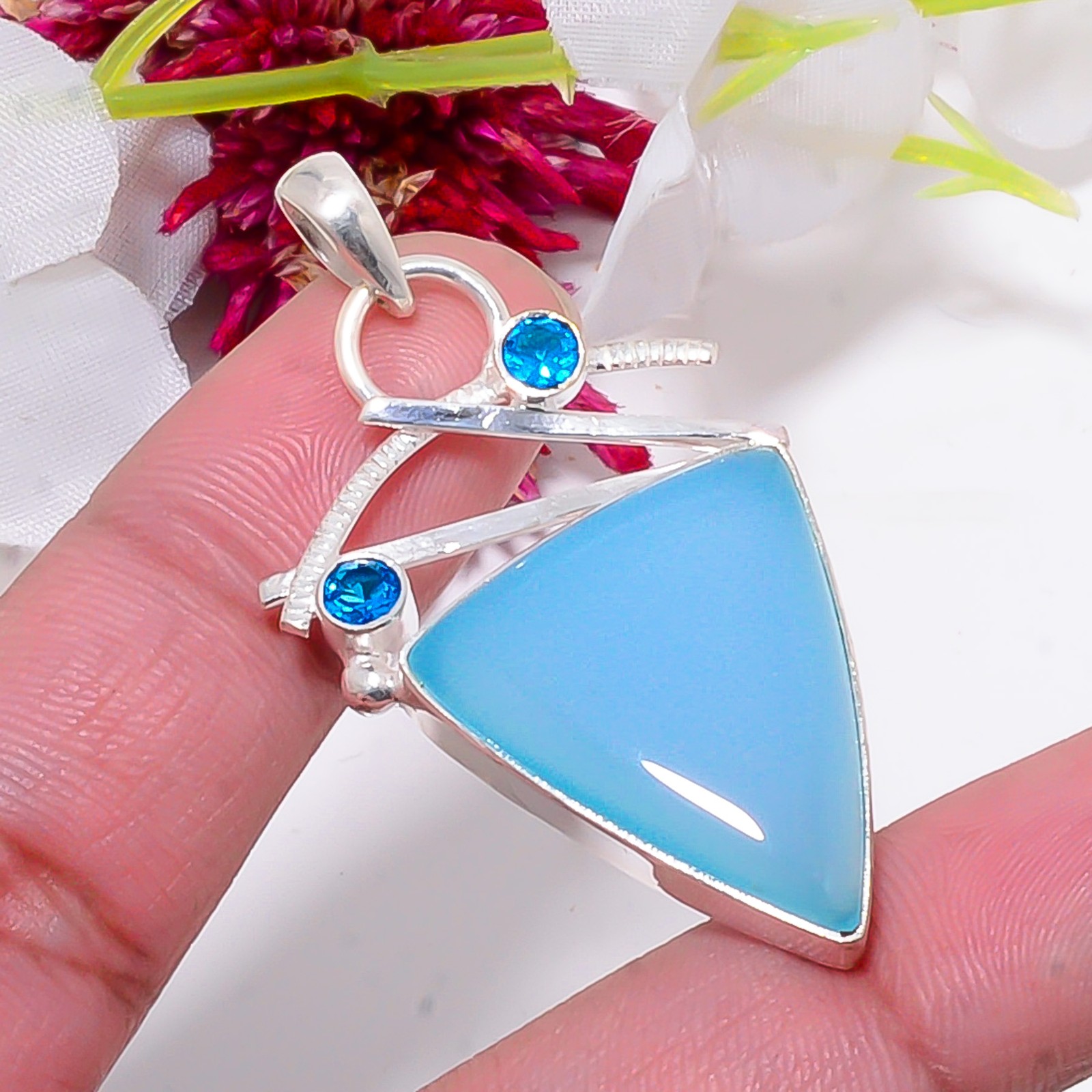 Chalcedony – Brazil & Blue Topaz 925 Sterling Silver Handmade Pendant 2.03″ Su10